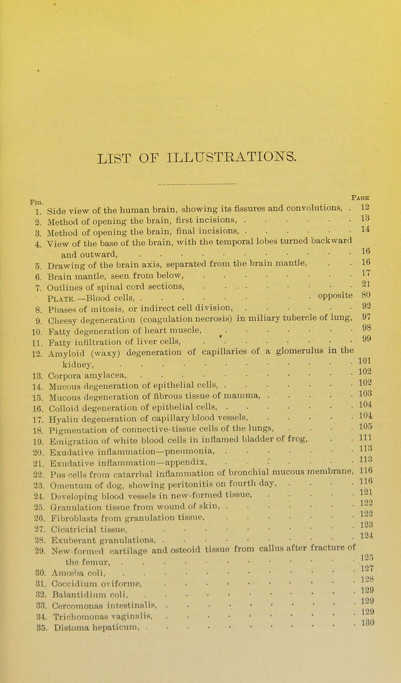 LIST OF ILLUSTEATIOl^S. Fig. 1. 3. 3. 4. 5. 6. 7. 8. 9. 10. 11. 12. 18. 14. 15. 16. 17. 18. 19. 20. 21. 22. 23. 24. 25. 26. 27. 28. 29. 30. 31. 33, 33. 34 35 Page , 12 . 13 . 14 Side view of the human brain, showing its fissures and convolutions, . Method of opening the brain, first incisions, Method of opening the brain, final incisions, View of the base of the brain, with the temporal lobes turned backward and outward, Drawing of the brain axis, separated from the brain mantle. Brain mantle, seen from below Outlines of spinal cord sections Plate.—Blood cells ■ • opposite Pliases of mitosis, or indirect cell division, Cheesy degeneration (coagulation necrosis) in miliary tubercle of lung. Fatty degeneration of heart muscle. Fatty ioHltratioti of liver cells, • • Amyloid (waxy) degeneration of capillaries of a glomerulus in the kidney, 102 Corpora amylacea, 16 16 17 21 80 92 97 98 99 Mucous degeneration of epithelial cells. Mucous degeneration of fibrous tissue of mamma Colloid degeneration of epithelial cells, Hyalin degeneration of capillary blood vessels Pigmentation of connective-tissue cells of the lungs, .... Emigration of white blood cells in inflamed bladder of frog, Exudative inflammation—pneumonia, Exudative inflammation—appendix, Pus cells from catarrhal inflammation of bronchial mucous membrane. Omentum of dog, showing peritonitis on fourth day Developing blood vessels in new-formed tissue Granulation tissue from wound of skin Fibroblasts from granulation tissue. Cicatricial tissue, . . . ■ Exuberant granulations, . New-formed cartilage and osteoid tissue from callus after fracture of the femur. Amoeba coli, Coccidium oviforme, Balantidiiun coli, Cercomonas intestinalis. Trichomonas vaginalis, Distoma hepaticum, . 102 103 104 104 105 111 113 113 116 116 121 132 123 133 124 125 127 128 139 139 139 130