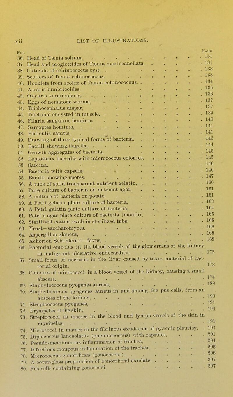 Fig. 36. Head of Taenia solium 37. Head and proglottides of Taenia mediocanellata, 131 38. Cuticula of echinococcus cyst 1^3 39. Scolices of Tseuia ecliiuococcus, 1^^ 40. Booklets from scolex of Tseuia echinococcus 134 41. Ascaris lumbricoides, 135 43. Oxyuris vermicularis, ^36 43. Eggs of nematode worms, • 13'<' 44. Trichocephalus dispar, 13''' 45. Trichinae encysted in muscle, 139 46. Filaria sanguinis liominis, 140 47. Sarcoptes hominis 1*1 48. Pediculis capitis, . . .^^ 141 49. Drawing of three typical forms of bacteria 143 50. Bacilli showing flagella 144 51. Growth aggregates of bacteria, 145 5a. Leptothrix buccalis with micrococcus colonies, 145 53. Sarcina, l'*^ 54. Bacteria with capsule, 146 55. Bacilli showing spores 14''' 56. A tube of solid transparent nutrient gelatin 160 57. Pure culture of bacteria on nutrient agar 161 58. A culture of bacteria on potato, 161 59. A Petri gelatin plate culture of bacteria 163 60. A Petri gelatin plate culture of bacteria, 164 61. Petri's agar plate culture of bacteria (mouth), 165 62. Sterilized cotton swab in sterilized tube, 166 63. Yeast—saccharomyces, 168 64. Aspergillus glaucus, 169 65. Achorion Schonleinii—favus 169 66. Bacterial embolus in the blood vessels of the glomerulus of the kidney in malignant ulcerative endocarditis, 1''2 67. Small focus of necrosis in the liver caused by toxic material of bac- terial origin, . . 1*^3 68. Colonies of micrococci in a blood vessel of the kidney, causing a small abscess, . . • • • ■ • • • • ■ ■ 1'4 69. Stapliylococcus pyogenes aureus, 188 70. Staphylococcus pyogenes aureus in and among the pus cells, from an abscess of the kidney, 190 71. Streptococcus pyogenes 1^1^ 72. Erysipelas of the skin . '^^^ 73. Streptococci in masses in the blood and lymph vessels of the skin in erysipelas, 1^^ 74. Micrococci in masses in the fibrinous exudation of pyjemic pleurisy, . 197 75. Diplococrus lanceolatus (pueumococcus) with capsules, . . .201 76. Pseudo-membranous inflammation of trachea 204 77. Infectious croupous inflammation of the trachea 205 78. Micrococcus gouorrhoeaMgonococcus), 206 79. A cover-glass preparation of eronorrhoeal exudate, . . . ■ -207 80. Pus cells containing gonococci -207