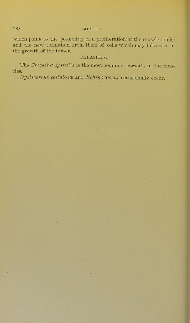 which point to the possibility of a proliferation of the muscle nuclei and the new formation from them of cells which may take part in the growth of the tumor, PARASITES. The Trichina spiralis is the most common parasite in the mus- cles. Cysticercus celluloses and Echinococcus occasionally occur.