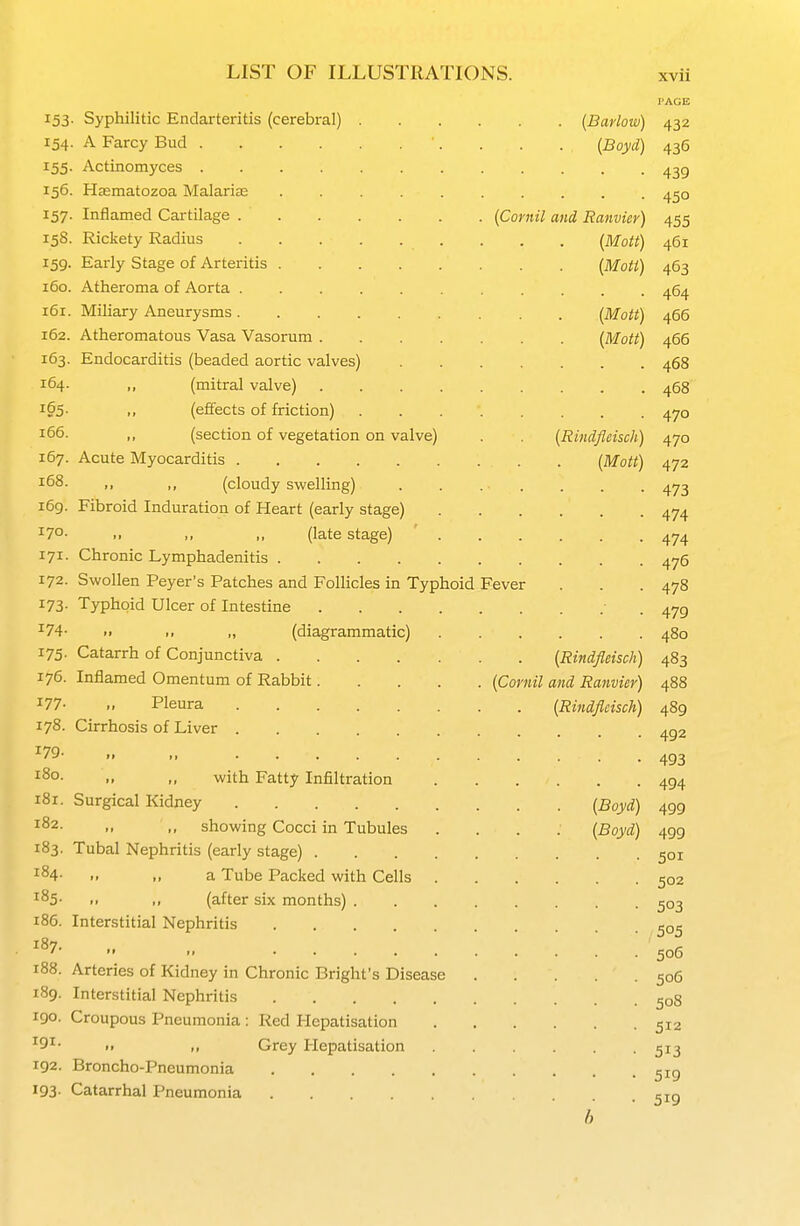 PAGE 153- Syphilitic Endarteritis (cerebral) (Barlow) 432 154. A Farcy Bud . . . (Boyd) 436 155. Actinomyces 439 156. Hasmatozoa Malarias 4^0 157. InOamed Cartilage {Cornil and Ranvier) 455 158. Rickety Radius {Mott) 461 159. Early Stage of Arteritis {Mott) 463 160. Atheroma of Aorta 45^ 161. Miliary Aneurysms [Mott) 466 162. Atheromatous Vasa Vasorum [Mott) 466 163. Endocarditis (beaded aortic valves) 468 164. „ (mitral valve) 468 165- >i (effects of friction) 470 >> (section of vegetation on valve) . . [Rindfleisch) 470 167. Acute Myocarditis {MoU) 472 168. ,, (cloudy swelling) 473 i6g. Fibroid Induration of Heart (early stage) 474 ^70- ,, (late stage) 474 171. Chronic Lymphadenitis 476 172. Swollen Peyer's Patches and Follicles in Typhoid Fever . . .478 173- Typhoid Ulcer of Intestine .479 ^74- .. „ (diagrammatic) 480 175. Catarrh of Conjunctiva [Rindfleisch) 483 176. Inflamed Omentum of Rabbit [Cornil and Ranvier) 488 177- Pleura [Rindfleisch) 489 178. Cirrhosis of Liver 432 '79- 493 180. „ „ with Fatty Infiltration 494 181. Surgical Kidney [Boyd) 499 ^^2. „ „ showing Cocci in Tubules .... [Boyd) 499 183. Tubal Nephritis (early stage) 501 ^84- .. „ a Tube Packed with Cells 502 185- .. ,, (after six months) 503 186. Interstitial Nephritis ^05 ^^7- „ 506 188. Arteries of Kidney in Chronic Bright's Disease 506 189. Interstitial Nephritis 508 190. Croupous Pneumonia : Red Hcpatisation 512 ^9^- .. Grey Hepatisation 513 192. Broncho-Pneumonia ^ig 193- Catarrhal Pneumonia ^xg b