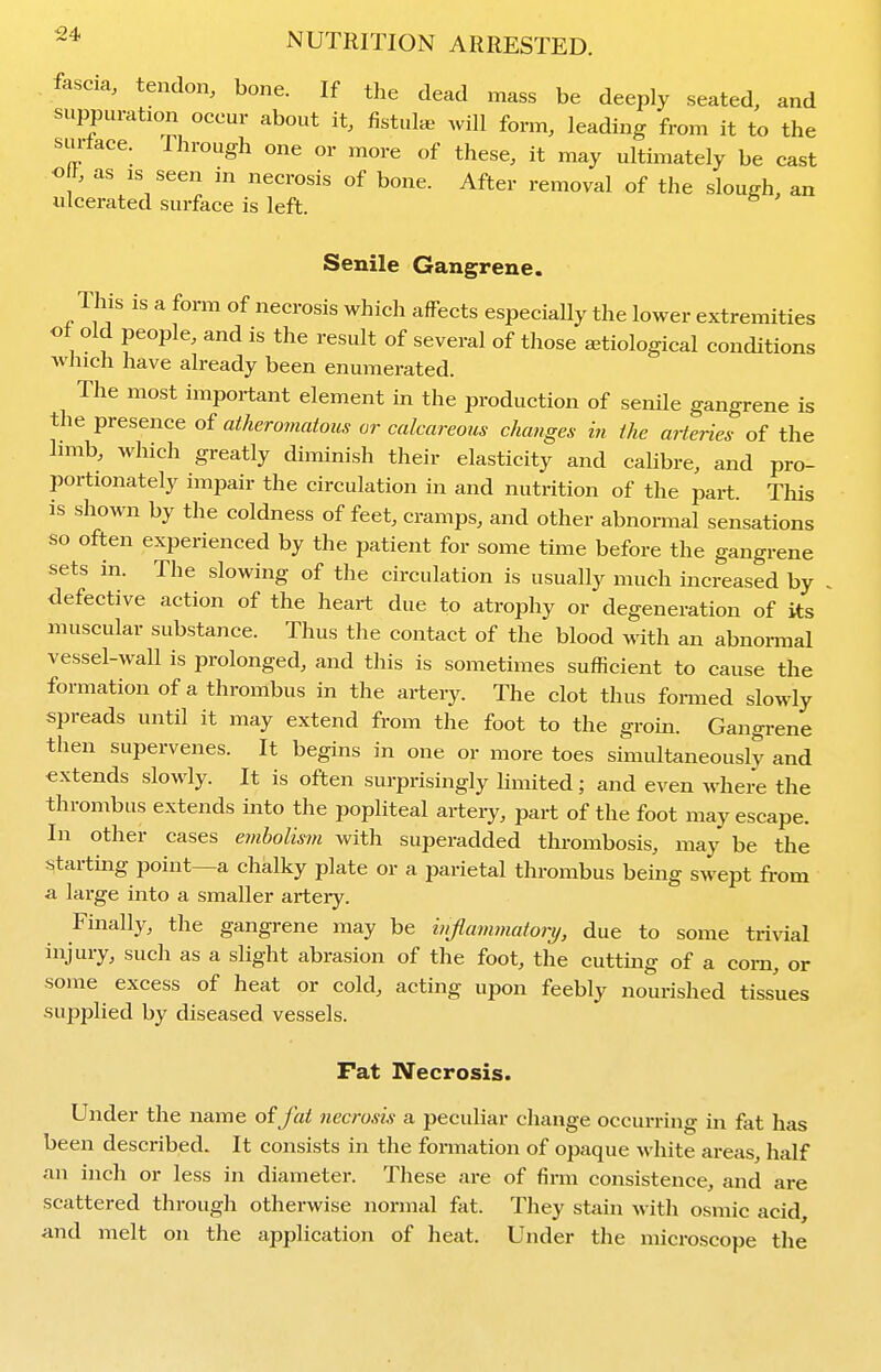 fascia, tendon, bone. If the dead mass be deeply seated, and suppuration occur about it, fistulas will form, leading from it to the surtace. Through one or more of these, it may ultimately be cast o f, as IS seen in necrosis of bone. After removal of the slough, an ulcerated surface is left. Senile Gangrene. This is a form of necrosis which affects especiaUy the lower extremities ot old people, and is the result of several of those ^etiological conditions wJnch have already been enumerated. The most important element m the production of senile gangrene is the presence of atheromatous or calcareous changes in the arteries of the hmb, which greatly diminish their elasticity and caUbre, and pro- portionately impair the circulation in and nutrition of the part. This is shown by the coldness of feet, cramps, and other abnormal sensations so often experienced by the patient for some time before the gangrene sets in. The slowing of the circulation is usually much increased by defective action of the heart due to atrophy or degeneration of its muscular substance. Thus the contact of the blood with an abnormal vessel-wall is prolonged, and this is sometimes sufficient to cause the formation of a thrombus in the artery. The clot thus fonned slowly spreads until it may extend from the foot to the groin. Gangrene then supervenes. It begins in one or more toes simultaneously and extends slowly. It is often surprisingly Hmited; and even where the thrombus extends into the popliteal artery, part of the foot may escape. In other cases embolism with superadded thrombosis, may be the starting point—a chalky plate or a parietal thrombus being swept from a large into a smaller artery. Finally, the gangrene may be uijlammatorij, due to some trivial injury, such as a slight abrasion of the foot, the cutting of a com, or some excess of heat or cold, acting upon feebly nourished tissues supplied by diseased vessels. Fat Necrosis. Under the name of fat necrosis a peculiar change occurring in fat has been described. It consists in the formation of opaque white areas, half an inch or less in diameter. These are of firm consistence, and are scattered through otherwise normal fat. They stain with osmic acid, and melt on the application of heat. Under the microscope the