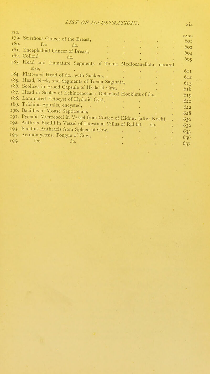 KIG. 179- 180. iSi. 1S2. 1S3. 184. 185. 186. 187. 188. 189. 190. 191. 192. 193- 194- 195- Scirrhous Cancer of the Breast, .... Do. do. Encephaloid Cancer of Breast, . . . \ Colloid do. Head and Immature Segments of Titnia Mediocanellata, natural size, • ■ . . . Flattened Head of do., with Sucl cers, . Head, Neck, und Segments of Ttenia Saginata, Scolices in Brood Capsule of Hydatid Cyst, . Head or Scolex of Echinococcus ; Detached Hooklets of do., Laminated Ectocyst of Hydatid Cyst, Trichina Spiralis, encysted, ..... Bacillus of Mouse Septiccemia, • • . . Pycemic Micrococci in Vessel from Cortex of Kidney (after Koch), Anthrax Bacilli in Vessel of Intestinal Villus of Rabbit, do. Bacillus Anthracis from Spleen of Cow, Actinomycosis, Tongue of Cow, Do. do. . ' '  601 602 604 605 611 612 613 618 619 620 622 628 630 632 633 636 637