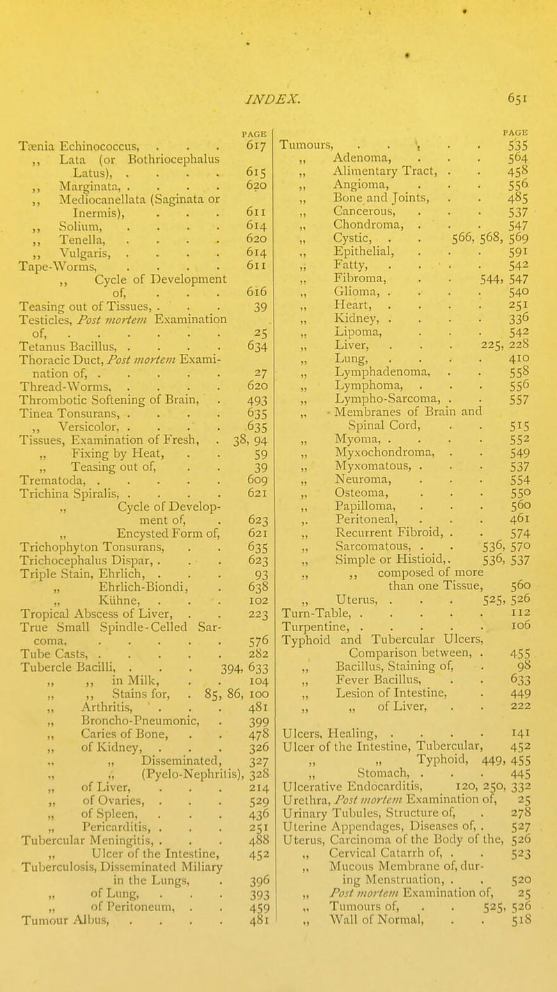 Tsenia Echinococcus, . . . 617 ,, Lata (or Bothriocephalus Latus), . . . . 615 ,, Marginata, .... 620 ,, Mediocanellata (Saginata or Inermis), . . . 611 ,, Solium 614 ,, Tenella, .... 620 ,, Vulgaris, .... 614 Tape-Worms, . . . • 611 ,, Cycle of Development of, ... 616 Teasing out of Tissues, . . . 39 Testicles, Post moiiem Examination of, ..... . 25 Tetanus Bacillus, . . . 634 Thoracic Duct, Post mortem Exami- nation of, .... . 27 Thread-Worms 620 Thrombotic Softening of Brain, . 493 Tinea Tonsurans, .... 635 ,, Versicolor, .... 635 Tissues, Examination of Fresh, . 38, 94 „ Fixing by Heat, . . 59 „ Teasing out of, . . 39 Trematoda, 609 Trichina Spiralis, . . . . 621 „ Cycle of Develop- ment of, . 623 ,, Encysted Form of, 621 Trichophyton Tonsurans, . . 635 Trichocephalus Dispar, . . . 623 Triple Stain, Ehrlich, ... 93 „ Ehrlich-Biondi, . 638 „ Kuhne, . . . 102 Tropical Abscess of Liver, . . 223 True Small Spindle-Celled Sar- coma, ..... Tube Casts, Tubercle Bacilli, . . . 394, „ ), in Milk, „ ,, Stains for, . 85, 86, „ Arthritis, „ Broncho-Pneumonic, „ Caries of Bone, „ of Kidney, „ Disseminated, „ „ (Pyelo-Nephrilis), 32S „ of Liver, . . . 214 „ of Ovaries, „ of Spleen, „ Pericarditis, . Tubercular Meningitis, . ,, Ulcer of the Intestine, Tuberculosis, Disseminated Miliary in the Lungs, „ of Lung, „ of Peritoneum, . Tumour iVlbus 576 282 633 104 100 481 399 478 326 327 529 436 251 488 452 396 393 459 481 Tumours, 535 Adenoma, . . . 5^4 Alimentary Tract, . . 45S Angioma, _ . . . 556 Bone and Joints, . . 485 Cancerous, . . . 537 Chondroma, . . . 547 Cystic, . . 566, 568, 569 Epithelial, ... 591 Fatty, .... 542 Fibroma, . . 544> 547 Glioma, .... 540 Heart, . . . . 251 Kidney, .... 336 Lipoma, . . . 542 Liver, . . . 225, 228 Lung, .... 410 Lymphadenoma, . . 55^ Lymphoma, . . . 556 Lympho-Sarcoma, . . 557 • Membranes of Brain and Spinal Cord, . . 5^5 Myoma, .... 552 Myxochondroma, . . 549 Myxomatous, . . . 537 Neuroma, . . . 554 Osteoma, . . . 55° Papilloma, . . . 5^0 Peritoneal, . . . 461 Recurrent Fibroid, . . 574 Sarcomatous, . . 536, 570 Simple or Plistioid,. 536, 537 ,, composed of more than one Tissue, 560 Uterus, . . . 525, 526 Tum-Table, 112 Turpentine, ..... 106 Typhoid and Tubercular Ulcers, Comparison between, . 455 „ Bacillus, Staining of, . 98 „ Fever Bacillus, . . 633 „ Lesion of Intestine, . 449 „ „ of Liver, . . 222 Ulcers, Healing, .... 141 Ulcer of the Intestine, Tubercular, 452 Typhoid, 449, 455 ,, Stomach, . . . 445 Ulcerative Endocarditis, 120, 250, 332 Urethra, Post mortem Examination of, 25 Urinary Tubules, Structure of, . 278 Uterine Appendages, Diseases of, . 527 Uterus, Carcinoma of the Body of the, 526 ,, Cervical Catarrh of, . . 523 ,, Mucous Membrane of, dur- ing Menstruation, . , 520 ,, Post mortem Examination of, 25 „ Tumours of, . . 5^5' 5^6 „ Wall of Normal, . . 518