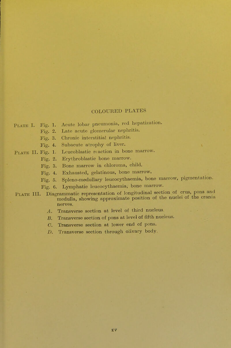 COLOURED PLATES Plate I. Fig. 1. Acute lobar pneumonia, red hepatization. Fig. 2. Late acute glomerular nephritis. Fig. 3. Chronic interstitial nephritis. Fig. 4. Subacute atrophy of liver. Plate II. Fig. 1. Leucoblastic reaction in bone marrow. Fig. 2. Erythroblastic bone marrow. Fig. 3. Bone marrow in chloroma, child. Fig. 4. Exhausted, gelatinous, bone marrow. Fig. 5. Spleno-medullary leucocythaemia, bone marrow, pigmentation. Fig. 6. Lymphatic leucocythaemia, bone marrow. Plate III. Diagrammatic representation of longitudinal section of crus, pons and medulla, showing approximate position of the nuclei of the crania nerves. A. Transverse section at level of third nucleus. B. Transverse section of pons at level of fifth nucleus. C. Transverse section at lower end of pons. D. Transverse section through olivary body.