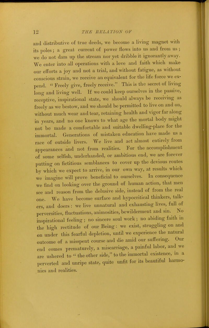 and distributive of true deeds, we become a living magnet with its poles; a great current of power flows into us and from us ; we do not dam up tbe stream nor yet dribble it ignorantly away. We enter into all operations with a love and faith which make our efforts a joy and not a trial, and without fatigue, as without conscious strain, we receive an equivalent for the life force we ex- pend.  Freely give, freely receive. This is the secret of living long and living well. If we could keep ourselves in the passive, receptive, inspirational state, we should always be receiving as freely as we bestow, and we should be permitted to live on and on, without much wear and tear, retaining health and vigor far along in years, and no one knows to what age the mortal body might not be made a comfortable and suitable dwelling-place for the immortal. Generations of mistaken education have made us a race of outside livers. We live and act almost entirely from appearances and not from realities. For the accomplishment of some selfish, underhanded, or ambitious end, we are forever putting on fictitious semblances to cover up the devious routes by which we expect to arrive, in our own way, at results which we imagine will prove beneficial to ourselves. In consequence we find on looking over the ground of human action, that men see and reason from the delusive side, instead of from the real one. We have become surface and hypocritical thinkers, talk- ers, and doers : we live unnatural and exhausting lives, full of perversities, fluctuations, animosities, bewilderment and sin.^ No inspirational feehng ; no sincere soul work; no abiding faith in the high rectitude of our Being: we exist, struggling on and on under this fearful depletion, until we experience the natural outcome of a misspent course and die amid our suffering. Our end comes prematurely, a miscarriage, a painful labor, and we are ushered to  the other side, to the immortal existence, m a perverted and unripe state, quite unfit for its beautiful harmo- nies and realities.