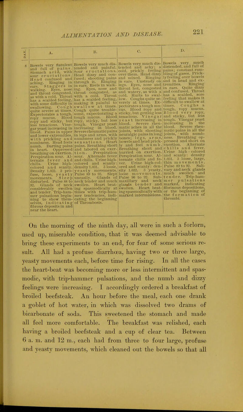 A. Bowels very flatulent ami full of pains. Stoinaoh aoiil, with sour eructations. Head confused and aching. Ringing in ears. Staggers in walking. Eyes, nose and throat congested, as with a cold. Throat has a scalded feeling, with some dithculty in swallowing. Cough (uiite severe at times. Expectorates a tough, ropy nuicns. Blood ropV and .sticky, but le.ss tenacious. Vine- gar yeast increasing in blood. Pains in upper and lower extremities, w i t h prickling and numbness. Head feels numb. Darting pains in heart. Oppressed breathing on exertion. Perspiration sour. Al- ternate fever and chills. Urine high- colored and scanty. Densitj' 1.032. 2 pro- fuse, loose, yeasty movements. Sleep disturbed. Pulse 88 to 92. Glands of neck considerably swollen and tender. Trip-ham- mer pulsations begin- ning to show tliem- selves, indicating fibrous deposits in and near the lieart. Bowels very much dis- tended an'd painful. 8our eructations. Head dizzy and con- fused; shooting i)ains through it. Ringing in ears. Keels in walk- ng. Eyes, nose and throat congested, as with a cold. Throat has a scalded feeling, making it painful to swallow at times. Cough quite trouble- some, expectorating a tougli mucus. Blood ropv, sticky, but less tough. Vinegar yeast increasing in blood. Severe rheumatic pains in legs and .arms, with numbness and prickly sensations. I leart pains. Breathing short and labored on exer- t i o n . Perspiration sonr. Alternate fever and chills. Urine high- colored and scanty: density 1.031. 3 loose, yeasty movements. Pulse 89 to 93. Slept uneasily. Glands of neck tender and mucli swollen. Heart beat- ing spasmodically at times with trip-ham- mer tendencies, indi- cating the beginning of Thrombosis. Bowels very much dis- tended anil achy; a cold, iirickly feeling over them. Hea<l dizzy and mixed. Kinging in i!ars. Unsteady on legs. Eyes, nose and throat hot, congested and watery, as with a cold. Hurts to swal- low. Coughs quite se- verely at times. Ex- pectorates a tough mu- cus. Blood ropy and sticky, but getting less tenacious. Vinegar yeast increasing in , blood. Severe rheu- i matic aches in .all the joints, with shooting iieur.algic pains in long bones; legs, arms, bowels and head prick- ly and feel numb. Breathing short and hurried on exertion. Perspiration sour. Al- ternate chills and fe- ver. Urine high-col- ored and scanty: den- sity 1.032. 3 yeasty, loose movements. Pulse 90 to 92. Sub- maxillary and neck glan.(ls tender and swollen. Heart beat- ing spasmodically wth marked intermissions. Bowels very much distended, and full of pains; constant rum- bling of gases. Pri<!k- ly feeling over bowels and in head and ex- tremities. Kintiing in oars. Quite dizzy and confused. Throat has a scalded, sore feeling that makes it difficult to sw.allow .at times. Coughs a tough, ropy mucus. Blood very ropy, and sticky, but less tough. Vinegar yeast incioiising in the blood. .Severe rheu- matic pains in all the Joints, ■ with numb- ness. Breathing op- pressed and short on exertion. Alternate chills and fever. Urine higli - colored and scanty: tlensity 1.031. 3 loose, large, thin movements. Pulse 89 to 92. Sali- vary and neck glands much swollen and t o n d e r. Tri p-ham- m e r pulsations marked, indicating tlbrinous depositions, or the beginning of the f o r m a t i o n of thrombi. On the morning of the ninth day, all were in such a forlorn, used up, miserable condition, that it was deemed advisable to bring these experiments to an end, for fear of some serious re- sult. All had a profuse diarrhoea, having two or three large, yeasty movements each, before time for rising. In all the cases the heart-beat was becoming more or less intermittent and spas- modic, with trip-hammer pulsations, and the numb and dizzy feelings were increasing. I accordingly ordered a breakfast of broiled beefsteak. An hour before the meal, each one drank a goblet of hot water, in which was dissolved two drams of bicarbonate of soda. This sweetened the stomach and made all feel more comfortable. The breakfast was relished, each having a broiled beefsteak and a cup of clear tea. Between 6 a. m. and 12 m., each had from three to four large, profuse and yeasty movements, which cleaned out the bowels so that all