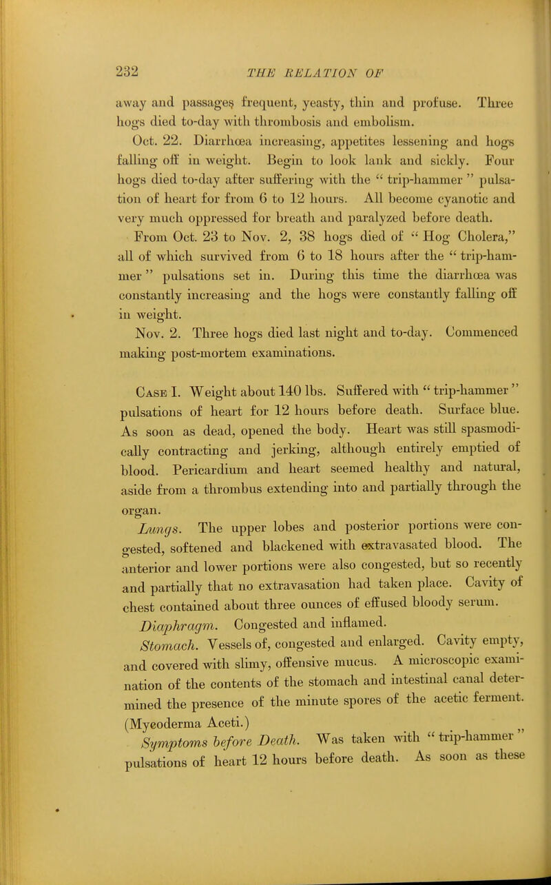 away and passage^ frequent, yeasty, thin and profuse. Three hogs died to-day with thrombosis and emboKsin. Oct. 22. Diarrhoea increasing, appetites lessening and hogs falHug oif in weight. Begin to look lank and sickly. Four hogs died to-day after suffering with the  trip-hammer  pulsa- tion of heart for from 6 to 12 hours. All become cyanotic and very much oppressed for breath and paralyzed before death. From Oct. 23 to Nov. 2, 38 hogs died of  Hog Cholera, all of which survived from 6 to 18 hours after the  trip-ham- mer  pulsations set in. During this time the diarrhcea was constantly increasing and the hogs were constantly falling off in weiffht. Nov. 2. Three hogs died last night and to-day. Commenced making post-mortem examinations. Case I. Weight about 140 lbs. Suffered with  trip-hammer  pulsations of heart for 12 hours before death. Surface blue. As soon as dead, opened the body. Heart was still spasmodi- cally contracting and jerking, although entirely emptied of blood. Pericardium and heart seemed healthy and natural, aside from a thrombus extending into and partially through the organ. Lungs. The upper lobes and posterior portions were con- gested, softened and blackened with extravasated blood. The anterior and lower portions were also congested, but so recently and partially that no extravasation had taken place. Cavity of chest contained about three ounces of effused bloody serum. Diaphragm. Congested and inflamed. Stomach. Vessels of, congested and enlarged. Cavity empty, and covered with slimy, offensive mucus. A microscopic exami- nation of the contents of the stomach and intestinal canal deter- mined the presence of the minute spores of the acetic ferment. (Myeoderma Aceti.) Symptoms before Death. Was taken with  ti-ip-hammer  pulsations of heart 12 hours before death. As soon as these