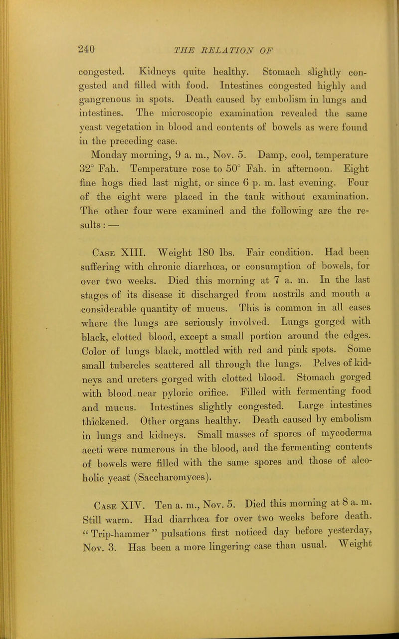 congested. Kidneys quite healthy. Stomach slightly con- gested and filled with food. Intestines congested highly and gangrenous in spots. Death caused by embolism in lungs and intestines. The microscopic examination revealed the same yeast vegetation in blood and contents of bowels as were found in the preceding case. Monday morning, 9 a. m., Nov. 5. Damp, cool, temperature 32° Fall. Temperature rose to 50° Fah. in afternoon. Eight fine hogs died last night, or since 6 p. m. last evening. Four of the eight were placed in the tank without examination. The other four were examined and the following are the re- sults : — Case XIII. Weight 180 lbs. Fair condition. Had been suffering with chronic diarrhoea, or consumption of bowels, for over two weeks. Died this morning at 7 a. m. In the last stages of its disease it discharged from nostrils and mouth a considerable quantity of mucus. This is common in all cases where the lungs are seriously involved. Lungs gorged with black, clotted blood, except a small portion around the edges. Color of lungs black, mottled with red and pink spots. Some small tubercles scattered all through the lungs. Pelves of kid- neys and ureters gorged with clotted blood. Stomach gorged with blood, near pyloric orifice. Filled with fermenting food and mucus. Intestines slightly congested. Large intestines thickened. Other organs healthy. Death caused by embolism in lungs and kidneys. Small masses of spores of mycoderma aceti were numerous in the blood, and the fermenting contents of bowels were filled with the same spores and those of alco- holic yeast (Saccharomyces). Case XIV. Ten a. m., Nov. 5. Died this morning at 8 a. m. Still warm. Had diarrhoea for over two weeks before death.  Trip-hammer  pulsations first noticed day before yesterday, Nov. 3. Has been a more lingering case than usual. Weight