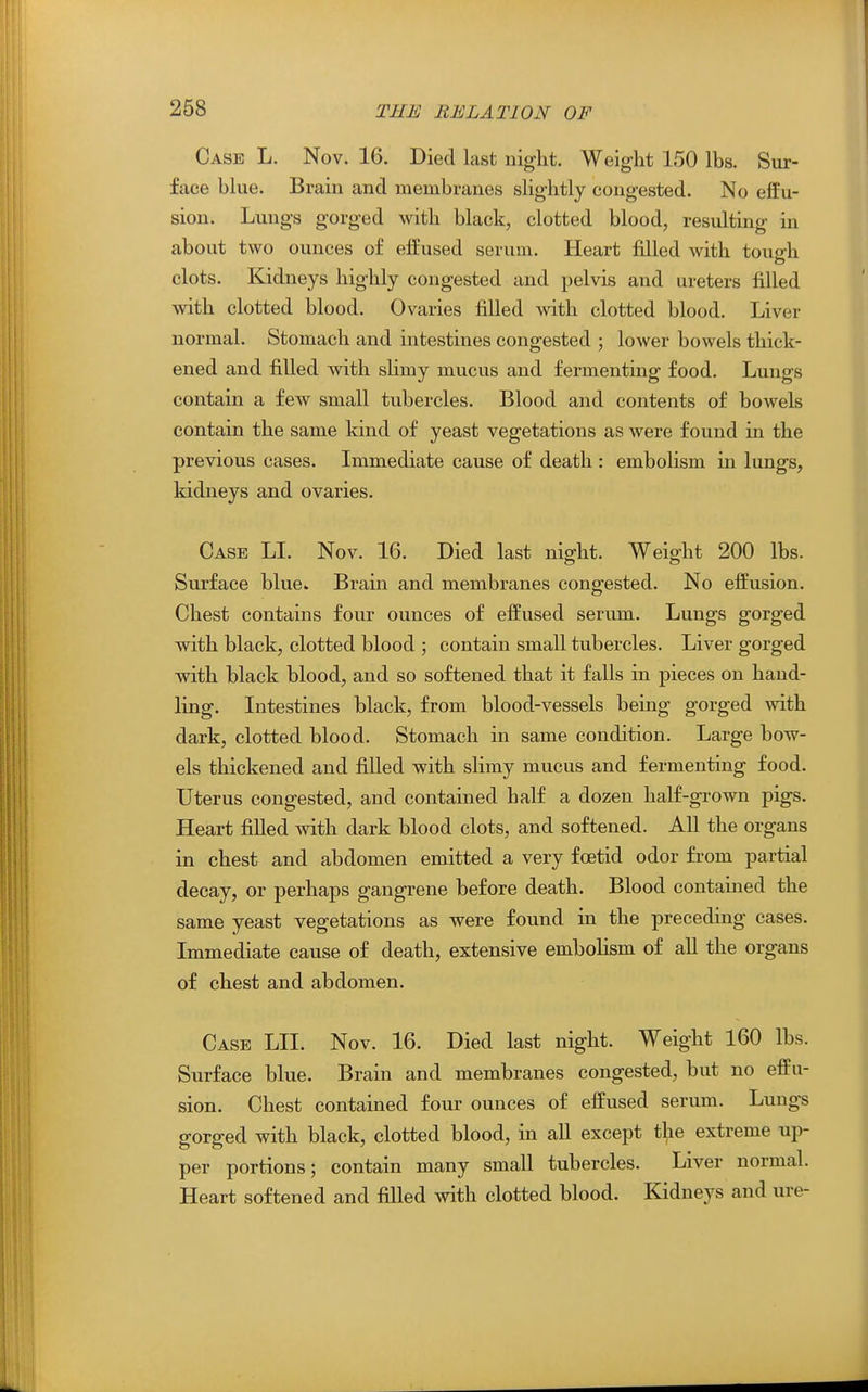 Case L. Nov. 16. Died last night. Weight 150 lbs. Sur- face blue. Brain and membranes slightly congested. No effu- sion. Lungs gorged with black, clotted blood, resulting in about two ounces of effused serum. Heart filled with tough clots. Kidneys highly congested and pelvis and ureters filled with clotted blood. Ovaries filled with clotted blood. Liver normal. Stomach and intestines congested ; lower bowels thick- ened and filled with slimy mucus and fermenting food. Lungs contain a few small tubercles. Blood and contents of bowels contain the same kind of yeast vegetations as were found in the previous cases. Immediate cause of death : embolism in lungs, kidneys and ovaries. Case LI. Nov. 16. Died last night. Weight 200 lbs. Surface blue. Brain and membranes congested. No effusion. Chest contains four ounces of effused serum. Lungs gorged with black, clotted blood ; contain small tubercles. Liver gorged with black blood, and so softened that it falls in pieces on hand- ling. Intestines black, from blood-vessels being gorged with dark, clotted blood. Stomach in same condition. Large bow- els thickened and filled with slimy mucus and fermenting food. Uterus congested, and contained half a dozen half-grown pigs. Heart filled with dark blood clots, and softened. All the organs in chest and abdomen emitted a very foetid odor from partial decay, or perhaps gangrene before death. Blood contained the same yeast vegetations as were found in the preceding cases. Immediate cause of death, extensive embolism of aU the organs of chest and abdomen. Case LII. Nov. 16. Died last night. Weight 160 lbs. Surface blue. Brain and membranes congested, but no effu- sion. Chest contained four ounces of effused serum. Lungs gorged with black, clotted blood, in aU except the extreme up- per portions; contain many small tubercles. Liver normal. Heart softened and filled with clotted blood. Kidneys and ure-