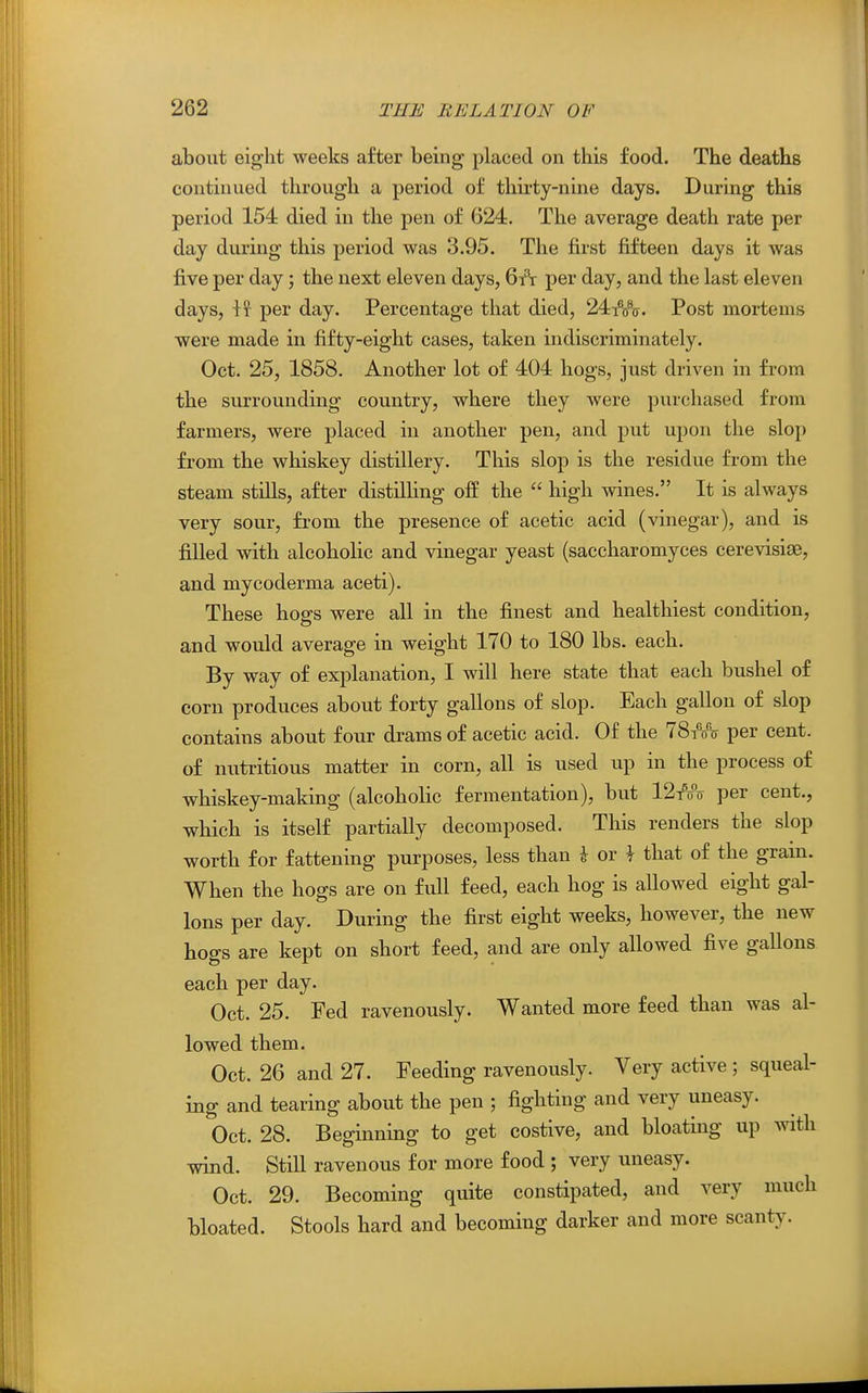 about eight weeks after being placed on this food. The deaths continued through a period of thirty-nine days. During this period 154 died in the pen of 624. The average death rate per day during this period was 3.95. The first fifteen days it was five per day; the next eleven days, 6t\ per day, and the last eleven days, \\ per day. Percentage that died, 24-]^. Post mortenis were made in fifty-eight cases, taken indiscriminately. Oct. 25, 1858. Another lot of 404 hogs, just driven in from the surrounding country, where they were purchased from farmers, were placed in another pen, and put upon the slop from the whiskey distillery. This slop is the residue from the steam stills, after distilHng off the  high wines. It is always very sour, from the presence of acetic acid (vinegar), and is filled with alcoholic and vinegar yeast (saccharomyces cerevisiaB, and mycoderma aceti). These hogs were all in the finest and healthiest condition, and would average in weight 170 to 180 lbs. each. By way of explanation, I will here state that each bushel of corn produces about forty gallons of slop. Each gallon of slop contains about four drams of acetic acid. Of the TStVtt per cent, of nutritious matter in corn, all is used up in the process of whiskey-making (alcoholic fermentation), but 12tc?o per cent., which is itself partially decomposed. This renders the slop worth for fattening purposes, less than h or \ that of the grain. When the hogs are on full feed, each hog is allowed eight gal- lons per day. During the first eight weeks, however, the new hogs are kept on short feed, and are only allowed five gallons each per day. Oct. 25. Fed ravenously. Wanted more feed than was al- lowed them. Oct. 26 and 27. Feeding ravenously. Very active ; squeal- ing and tearing about the pen ; fighting and very uneasy. Oct. 28. Beginning to get costive, and bloating up with wind. Still ravenous for more food ; very uneasy. Oct. 29. Becoming quite constipated, and very much bloated. Stools hard and becoming darker and more scanty.