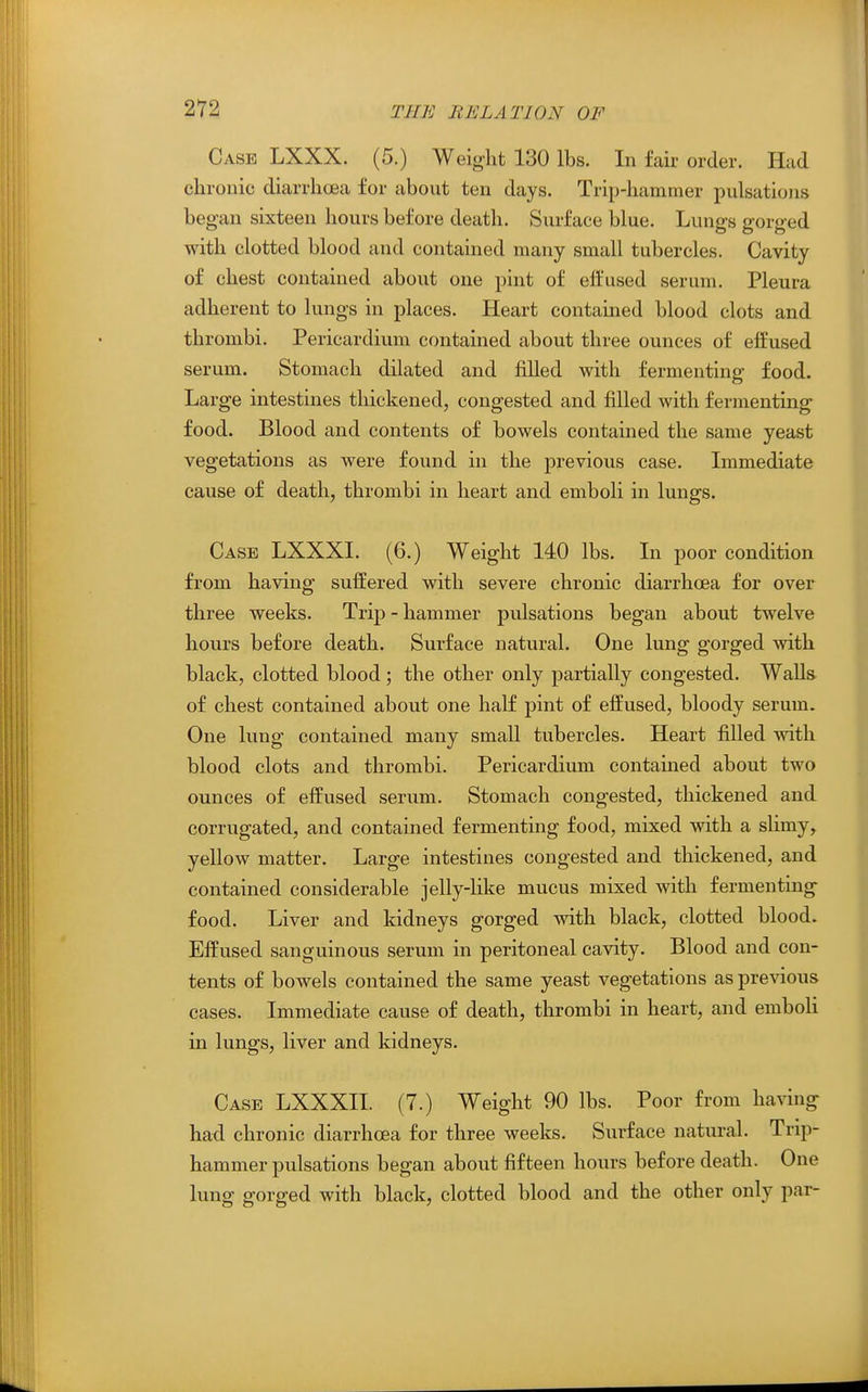 Case LXXX. (5.) Weight 130 lbs. In fair order. Had chronic diarrhoea for about ten days. Trip-hammer pulsations began sixteen hours before death. Surface blue. Lungs gorged with clotted blood and contained many small tubercles. Cavity of chest contained about one pint of effused serum. Pleura adherent to lungs in places. Heart contained blood clots and thrombi. Pericardium contained about three ounces of effused serum. Stomach dilated and filled with fermenting food. Large intestines thickened, congested and filled with fermenting food. Blood and contents of bowels contained the same yeast vegetations as were found in the previous case. Lnmediate cause of death, thrombi in heart and emboli in lungs. Case LXXXI. (6.) Weight 140 lbs. In poor condition from having suffered with severe chronic diarrhoea for over three weeks. Trip - hammer pulsations began about twelve hours before death. Surface natural. One lung gorged with black, clotted blood ; the other only partially congested. Walls, of chest contained about one half pint of effused, bloody serum. One lung contained many small tubercles. Heart filled with blood clots and thrombi. Pericardium contained about two ounces of effused serum. Stomach congested, thickened and corrugated, and contained fermenting food, mixed with a slimy, yellow matter. Large intestines congested and thickened, and contained considerable jelly-like mucus mixed with fermenting food. Liver and kidneys gorged with black, clotted blood. Effused sanguinous serum in peritoneal cavity. Blood and con- tents of bowels contained the same yeast vegetations as previous cases. Immediate cause of death, thrombi in heart, and emboU in lungs, liver and kidneys. Case LXXXII. (7.) Weight 90 lbs. Poor from having had chronic diarrhoea for three weeks. Surface natural. Trip- hammer pulsations began about fifteen hours before death. One lung gorged with black, clotted blood and the other only par-