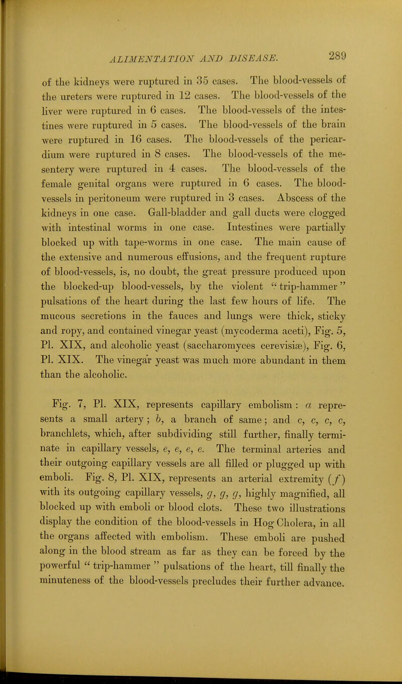 of the kidneys were ruptured in 35 cases. The blood-vessels of the ureters were rujitured in 12 cases. The blood-vessels of the liver were ruptured in 6 cases. The blood-vessels of the intes- tines were ruptured in 5 cases. The blood-vessels of the brain were ruptured in 16 cases. The blood-vessels of the pericar- dium were ruptured in 8 cases. The blood-vessels of the me- sentery were ruptured in 4 cases. The blood-vessels of the female genital organs Avere ruptured in 6 cases. The blood- vessels in peritoneum were ruptured in 3 cases. Abscess of the kidneys in one case. Gall-bladder and gall ducts were clogged with intestinal worms in one case. Intestines were partially blocked up with tape-worms in one case. The main cause of the extensive and numerous effusions, and the frequent rupture of blood-vessels, is, no doubt, the great pressure produced upon the blocked-up blood-vessels, by the violent  trip-hammer pulsations of the heart during the last few hours of life. The mucous secretions in the fauces and lungs were thick, sticky and ropy, and contained vinegar yeast (mycoderma aceti), Fig. 5, PI. XIX, and alcoholic yeast (saccharomyces cerevisise). Fig. 6, PI. XIX. The vinegar yeast was much more abundant in them than the alcoholic. Fig. 7, PI. XIX, represents capillary embolism : a repre- sents a small artery; h, a branch of same; and c, c, c, c, branchlets, which, after subdividing still further, finally termi- nate in capillary vessels, e, e, e, e. The terminal arteries and their outgoing capillary vessels are all filled or plugged up with emboli. Fig. 8, PI. XIX, represents an arterial extremity (/) with its outgoing capillary vessels, g, g, g, highly magnified, all blocked up with emboli or blood clots. These two illustrations display the condition of the blood-vessels in Hog Cholera, in all the organs affected with embolism. These emboli are pushed along in the blood stream as far as they can be forced by the powerful  trip-hammer  pulsations of the heart, till finally the minuteness of the blood-vessels precludes their further advance.