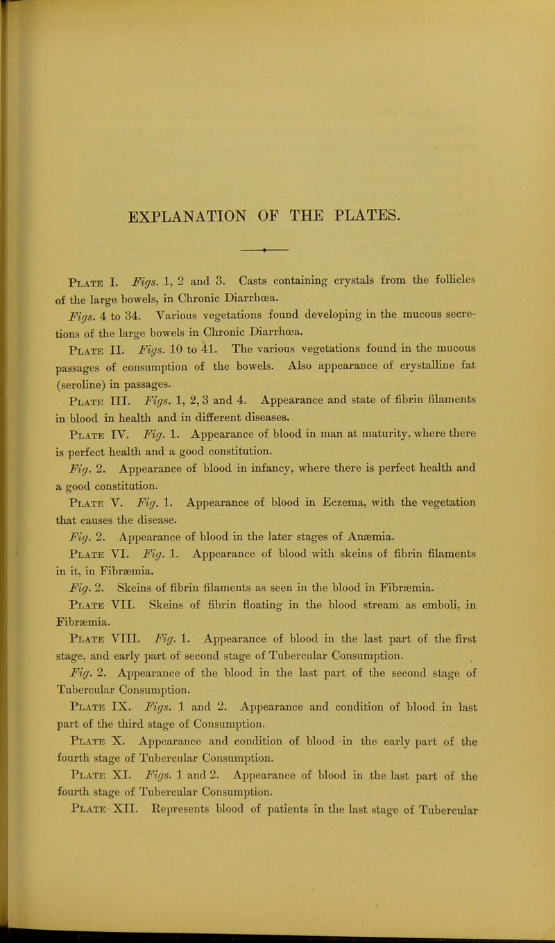 EXPLANATION OF THE PLATES. Plate I. Figs. 1, 2 and 3. Casts containing crystals from the follicles of the large bowels, in Chronic Diarrhoea. Figs. 4 to 34. Various vegetations found developing in the mucous secre- tions of the large bowels in Chronic Diarrhoea. Plate II. Figs. 10 to 41. The various vegetations found in the mucous passages of consumption of the bowels. Also appearance of crystalline fat (seroline) in passages. Plate III. Figs. 1, 2,3 and 4. Appearance and state of fibrin filaments in blood in health and in difEerent diseases. Plate IV. Fig. 1. Appearance of blood in man at maturity, where there is perfect health and a good constitution. Fig. 2. Appearance of blood in infancy, where there is perfect health and a good constitution. Plate V. Fig. 1. Appearance of blood in Eczema, with the vegetation that causes the disease. Fig. 2. Appearance of blood in the later stages of Anaemia. Plate VI. Fig. 1. Appearance of blood with skeins of fibrin filaments in it, in Fibraemia. Fig. 2. Skeins of fibrin filaments as seen in the blood in Fibraemia. Plate VII. Skeins of fibrin floating in the blood stream as emboli, in Fibraemia. Plate VIII. Fig. 1. Appearance of blood in the last part of the first stage, and early part of second stage of Tubercular Consumption. Fig. 2. Appearance of the blood in the last part of the second stage of Tubercular Consumption. Plate IX. Figs. 1 and 2. Appearance and condition of blood in last part of the third stage of Consumption. Plate X. Appearance and condition of blood in the early part of the fourth stage of Tubercular Consumption. Plate XI. Figs. 1 and 2. Appearance of blood in the last part of the fourth stage of Tubercular Consumption. Plate XII. Represents blood of patients in the last stage of Tubercular