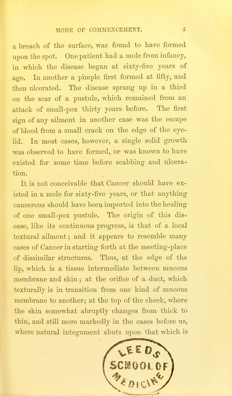 a breach of the surface, was foiTiid to have formed upon the spot. One patient had a mole from infancy, in which the disease began at sixty-five years of age. In another a pimple first formed at fifty, and then ulcerated. The disease sprang up in a third on the scar of a pnstnle, which remained from an attack of small-pox thirty years before. The first sign of any ailment in another case was the escape of blood from a small crack on the edge of the eye- lid. In most cases, however, a single solid growth was observed to have formed, or was known to have existed for some time before scabbing and ulcera- tion. It is not conceivable that Cancer should have ex- isted in a mole for sixty-five years, or that anything cancerous should have been imported into the healing of one small-pox pustule. The origin of this dis- ease, like its continuous progress, is that of a local textural ailment; and it appears to resemble many cases of Cancer in starting forth at the meeting-place of dissimilar structures. Thus, at the edge of the lip, which is a tissue intermediate between mucous membrane and skin; at the orifice of a duct, which texturally is in transition from one kind of mucous membrane to another; at the top of the cheek, where the skin somewhat abruptly changes from thick to thin, and still more markedly in the cases before tis, where natural integument abuts upon that which is