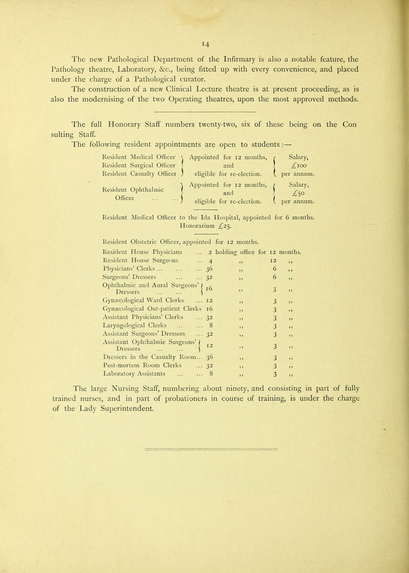The new Pathological Department of the Infirmary is also a notable feature, the Pathology theatre, Laboratory, &c, being fitted up with every convenience, and placed under the charge of a Pathological curator. The construction of a new Clinical Lecture theatre is at present proceeding, as is also the modernising of the two Operating theatres, upon the most approved methods. The full Honorary Staff numbers twenty-two, six of these being on the Con suiting Staff. The following resident appointments are open to students :— Resident Medical Officer \ Appointed for 12 months, 1 Salary, Resident Surgical Officer ' and \ £100 Resident Casualty Officer ) eligible for re-election. \ per annum. \ Appointed for 12 months, r Salary, Resident Ophthalmic ( an(j \ Officei ... ... j eligible for re-eleclion. ( per annum. Resident Medical Officer to the Ida Hospital, appointed for 6 months. Honorarium £25. Resident Obstetric Officer, appointed for 12 months. Resident House Physicians ... 2 holding office for 12 months. Resident House Surgeons ... 4 ,, 12 ,, Physicians'Clerks... ... ... 36 ,, 6 ,, Surgeons' Dressers ... ... 32 ,, 6 ,, Ophthalmic and Aural Surgeons' ( g Dressers ... ... j   • Gynecological Ward Clerks ... 12 ,, 3 ,, Gynecological Out-patient Clerks 16 ,, 3 ,, Assistant Physicians' Clerks •■•32 ,, 3 ,, Laryngological Clerks ... ... 8 ,, 3 ,, Assistant Surgeons'Dressers ... 32 ,, 3 ,, Assistant Ophthalmic Surgeons' ) Dressers ... ... )  *  Dressers in the Casualty Room... 36 ,, 3 ,, Post-mortem Room Clerks ... 32 ,, 3 ,, Laboratory Assistants ... ... 8 ,, 3 ,, The large Nursing Staff, numbering about ninety, and consisting in part of fully trained nurses, and in part of probationers in course of training, is under the charge of the Lady Superintendent.