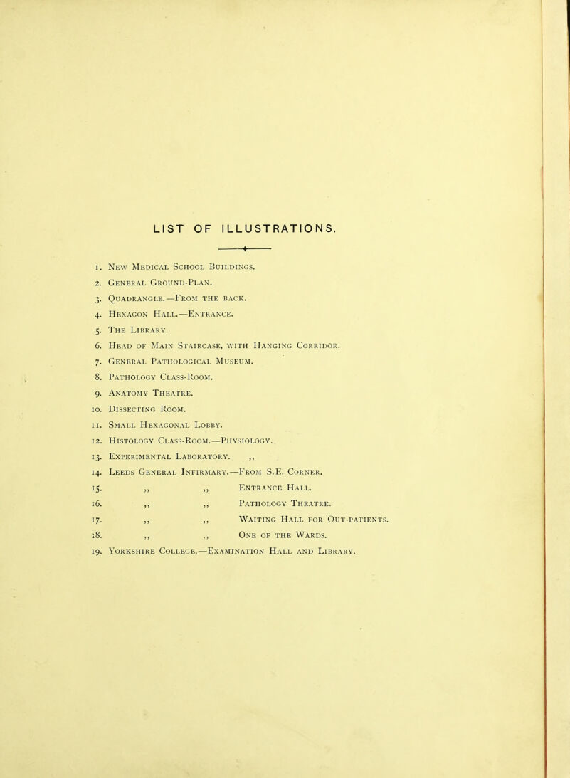 LIST OF ILLUSTRATIONS. ♦ 1. New Medical School Buildings. 2. General Ground-Plan. 3. Quadrangle.—From the back. 4. Hexagon Hall.—Entrance. 5. The Library. 6. Head of Main Staircase, with Hanging Corridor. 7. General Pathological Museum. 8. Pathology Class-Room. 9. Anatomy Theatre. 10. Dissecting Room. 11. Small Hexagonal Lobby. 12. Histology Class-Room.—Physiology. 13. Experimental Laboratory. ,, 14. Leeds General Infirmary.—From S.E. Corner. 15. ,, ,, Entrance Hall. 16. ,, ,, Pathology Theatre. 17. ,, ,, Waiting Hall for Out-patients. ;8. ,, ,, One of the Wards. 19. Yorkshire College.—Examination Hall and Library.