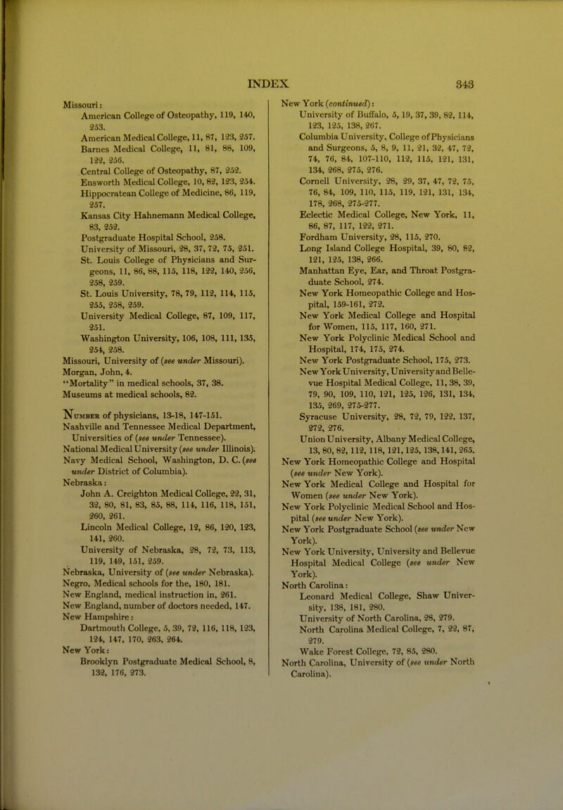 Missouri: American College of Osteopathy, 119, 140, 253. American Medical CoUege, 11, 87, 123, 257. Barnes Medical CoUege, 11, 81, 88, 109, 122, 256. Central College of Osteopathy, 87, 252. Ensworth Medical College, 10, 82, 123, 254. Hippocratean College of Medicine, 86, 119, 257. Kansas City Hahnemann Medical College, 83, 252. Postgraduate Hospital School, 258. University of Missouri, 28, 37, 72, 75, 251, St. Louis College of Physicians and Sur- geons, 11, 86, 88, 115, 118, 122, 140, 256, 258, 259. St. Louis University, 78, 79, 112, 114, 115, 255, 258, 259. University Medical College, 87, 109, 117, 251. Washington University, 106, 108, 111, 135, 254, 258. Missouri, University of {see under Missouri). Morgan, John, 4. Mortality in medical schools, 37, 38. Museums at medical schools, 82. Number of physicians, 13-18, 147-151. Nashville and Tennessee Medical Department, Universities of {see under Tennessee). National Medical University {see under Illinois). Navy Medical School, Washington, D. C. {see under District of Columbia). Nebraska : John A. Creighton Medical College, 22, 31, 32, 80, 81, 83, 85, 88, 114, 116, 118, 151, 260, 261. Lincoln Medical College, 12, 86, 120, 123, 141, 260. University of Nebraska, 28, 72, 73, 113, 119, 149, 151, 259. Nebraska, University of {see under Nebraska). Negro, Medical schools for the, 180, 181. New England, medical instruction in, 261. New England, number of doctors needed, 147. New Hampshire: Dartmouth College, 5, 39, 72, 116, 118, 123, 124, 147, 170, 263, 264. New York: Brooklyn Postgraduate Medical School, 8, 132, 176, 273. New York {continued): University of Buffalo, 5,19, 37, 39, 82, 114, 123, 125, 138, 267. Columbia University, College of Physicians and Surgeons, 5, 8, 9, 11, 21, 32, 47, 72, 74, 76, 84, 107-110, 112, 115, 121, 131, 134, 268, 275, 276. Cornell University, 28, 29, 37, 47, 72, 75, 76, 84, 109, 110, 115, 119, 121, 131, 134, 178, 268, 275-277. Eclectic Medical College, New York, 11, 86, 87, 117, 122, 271. Fordham University, 28, 115, 270. Long Island College Hospital, 39, 80, 82, 121, 125, 138, 266. Manhattan Eye, Ear, and Throat Postgra- duate School, 274. New York Homeopathic College and Hos- pital, 159-161, 272. New York Medical College and Hospital for Women, 115, 117, 160, 271. New York Polyclinic Medical School and Hospital, 174, 175, 274. New York Postgraduate School, 175, 273. New York University, University and Belle- vue Hospital Medical College, 11,38, 39, 79, 90, 109, 110, 121, 125, 126, 131, 134, 135, 269, 275-277. Syracuse University, 28, 72, 79, 122, 137, 272, 276. Union University, Albany Medical College, 13, 80, 82, 112, 118, 121,125, 138,141, 265. New York Homeopathic College and Hospital {see under New York). New York Medical College and Hospital for Women {see under New York). New York PolycUnic Medical School and Hos- pital {see under New York). New York Postgraduate School {see under New York). New York University, University and Bellevue Hospital Medical College {see under New York). North Carolina: Leonard Medical College, Shaw Univer- sity, 138, 181, 280. University of North Carolina, 28, 279. North Carolina Medical College, 7, 22, 87, 279. Wake Forest College, 72, 85, 280. North Carolina, University of {see under North Carolina).