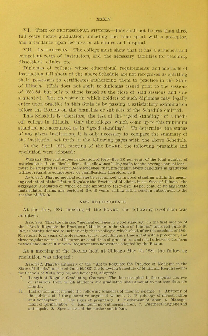 xxxrv VI. I'lMH oi* PEOFiissiONAL STUDIES.—This shall not be less than three full years before graduation, including the time spent with a preceptor, and attendance upon lectures or at clinics and hospital. VII. iNSTRrcTiON.—The college must show that it has a sufficient and competent corps of instructors, and the necessary facilities for teaching, dissections, clinics, etc. Diplomas of colleges whose educational requirements and methods of instruction fall short of the above Schedule are not recognized as entitling their possessors to certiiicates authorizing them to practice in the State of Illinois. (This does not apply to diplomas issued prior to the sessions of 1883-84, but only to those issued at the close of said sessions and sub- sequently). The only Way in which holders of such diplomas may legally enter upon practice in this State is by passing a satisfactory examination before the Board on the branches or subjects of the Schedule omitted. This Schedule is, therefore, the test of the good standing' of a medi- cal college in Illinois. Only the colleges which come up to this minimum standard are accounted as in good standing. To determine the status of any given institution, it is only necessary to compare the summary of the institution set forth in the following pages with the above Schedule. At the April, 1886, meeting of the Board, the following preamble and resolution were adopted: Whebas, The continuous graduation of forty-five (45) per cent, of the total number of matriculates of a medical college—due allowance being made for the average annual loss- must be accepted as prim.a facie evidence that, practically, every candidate is graduated without regard to competency or Qualification; therefore, be it Besolved, That no medical college be recognized as in good standing within the mean- ing and intent of the  Act to Regulate the Practice of Medicine in tne State of Illinois, the aggregate graduates of which college amount to forty-Hye (45) per cent, of its aggregate matriculates during any period of five (5) years ending with a session subsequent to the session of 1885-86. NEW REQUIREIIENTS. At the July, 1887, meeting of the Board, the following resolution was adopted: Resolved, That the phrase, medical colleges in good standing, in the first section of the  Act to Eegulate the Practice of Medicine in the Slate of Illinois, approved June 16, 1887, is hereby defined to include only those colleges which shall, after the sessions of 1890- 91, require four years of professional study, including any time spent with a preceptor, and three regular courses of lectures, as conditions of graduation, and s-hall otherwise conform to the Schedule of Minimum Eeauirements heretofore adopted by the Boabd. At a meeting of the Board held at Chicago May 24, 1889, the following resolution was adopted: Resolved, That by authority of the  Act to Regulate the Practice of Medicine in the State of Illinois, approved June 16,1887, the following Schedule of Minimum Requirements for Schools of Midwifery be, and hereby is, adopted: I. Length of Regular Graduating Courses: The time occupied in the regular courses or sessions from wliich students are graduated shall amount to not less than six months. II. Instruction must include the following branches of medica' science. 1. Anatomy of the pelvis, and of the generative organs of women. 2. Physiology of menstruation and conception. 3. The signs of pregnancy. 4. Mechanism of labor. 5. Manage- ment of normal labor. 6. Management of abnormal labor. 7. Puerperal hygiene and antisepsis. 8. Special care of the motlier and infant.