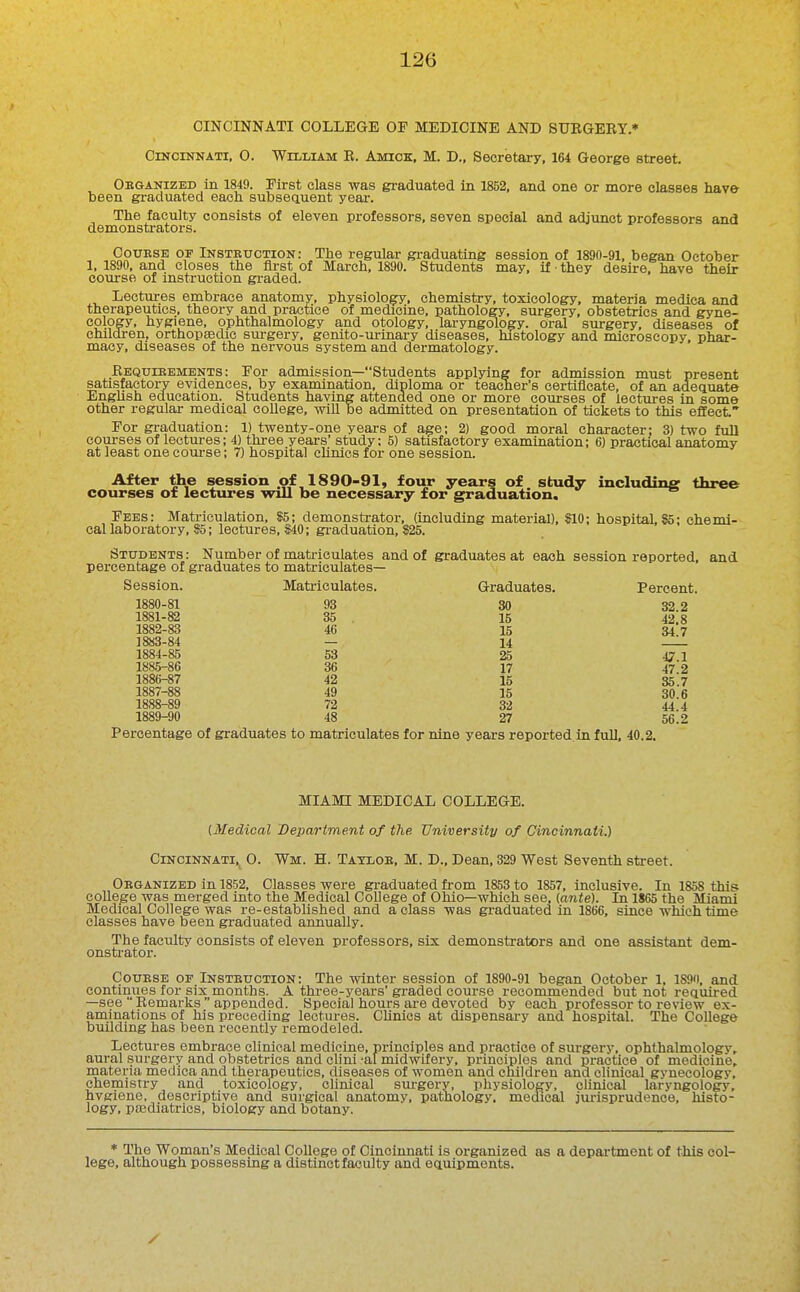 CINCINNATI COLLEGE OF MEDICINE AND SUEGERY* Cincinnati, O. WrLLiAM E. Amick, M. D.. Secretary, 164 George street. Obganized in 1849. First class was graduated in 1852, and one or more classes have- been graduated each subseauent year. The faculty consists of eleven professors, seven special and adjunct professors and demonstrators. CouBSE OF Instruction: The regular gi-aduating session of 1890-91, began October 1, 1890, and closes the first of March, 1890. Students may, if they desire, have their course of instruction gi-aded. Lectures embrace anatomy, physiolo^, chemistry, toxicology, materia medica and therapeutics, theory and practice of medicine, pathology, surgery, obstetrics and gyne- cology, hygiene, ophthalmology and otology, laryngology, oral surgery, diseases of children, orthopaedic sm-gery, genito-urinary diseases, histology and microscopy, phar- macy, diseases of the nervous system and dermatology. Ebquibements : For admission—Students applying for admission must present satisfactoiT evidences, by examination, diploma or teacher's certificate, of an adequate EngUsh education. Students having attended one or more courses of lectures in some other regular medical college, \vill be admitted on presentation of tickets to this effect. For graduation: 1) twenty-one years of age; 2) good moral character: 3) two full courses of lectures; 4) three years' study: 5) satisfactory examination; 6) practical anatomy at least one com-se; 7) hospital ehnics for one session. After the session of 1890-91, four years of shidy includins: three courses of lectures will be necessary for graduation. Fees: Matriculation, 85; demonstrator, (including material), SIO; hospital. So; chemi- cal laboratory, S5; lectures, S40; gi-aduation, S25. Students : Number of matriculates and of graduates at each session reported, and percentage of graduates to matriculates- Session. Matriculates. Graduates. Percent. 1880- 81 93 30 32 2 1881- 82 35 . 15 42.8 1882- 83 46 15 34 7 1883- 84 — 14 —^ 1884- 85 53 25 47 1 1885- 86 36 17 47 2 1886- 87 42 l5 35.7 1887- 88 49 15 30.6 1888- 89 72 32 44 4 1889- 90 48 27 56! 2 Percentage of graduates to matriculates for nine years reported, in full, 40.2. MIAMI MEDICAL COLLEGE. [Medical Department of the University of Cincinnati.) Cincinnati,^ 0. Wm. H. Tatlob, M. D., Dean, 329 West Seventh street. Obganized in 1852, Classes were gi-aduated from 1853 to 1857, inclusive. In 1858 this college was merged into the Medical CoUege of Ohio—which see, (ante). In 1865 the Miami Medical College was re-established and a class was graduated in 1866, since which time classes have been graduated annually. The faculty consists of eleven professors, sis demonstrators and one assistant dem- onsti-ator. CouBSE OF Instbuction: The winter session of 1890-91 began October 1, 1890, and continues for six months. A three-years' graded course recommended but not required —see Remarks  appended. Special hours are devoted by each professor to review ex- aminations of his preceding lectures. CUnics at dispensary and hospital. The College buUding has been recently remodeled. Lectures embrace clinical medicine, principles and ipraotice of surgery, ophthalmology, aural surgery and obstetrics and clini-al midwifery, principles and practice of medicine, materia medica and therapeutics, diseases of women and children and clinical gvuecology, chemistry and toxicology, clinical surgery, physiology, clinical larvngology, hygiene, descriptive and surgical anatomy, pathology, medical jurisprudence, histo- logy, pasdiatrlcs, biology and botany. * The Woman's Medical College of Cincinnati is organized as a department of this col- lege, although possessing a distinct faculty and eauipments.