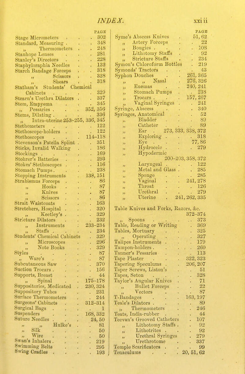 PAGE Stage Micrometers . . . 302 Standard, Measuriug . . . 34)8 „ Thermometers . . 248 Stanhope Lenses . . . 281 Stanley's Directors . . .228 Stapbyloraphia Needles . . 132 Starch Bandage Forceps . . . 318 „ Scissors . . 328 ,, Shears . . 318 Statham's Students' Chemical Cabinets . . . .329 Steam's Urethra Dilators . . 337 Stem, Empyema . . . 345 „ Pessaries . . . 352, 356 Stems, Dilating .... 336 Intra-uterine 253-255, 336, 345 Stethometcrs . . . .122 Stethoscope-holders . . . 122 Stethoscopes . . . 114-118 Stevenson's Patella Splint . . 351 Sticks, Invalid Walking . . 186 Stockings 169 Stohrer's Batteries . . .293 Stokes' Stethoscopes . . . 116 Stomach Pumps.... 238 Stopping Instruments . 138,151 Strabismus Forceps ... 86 Hooks ... 87 „ Knives ... 87 „ Scissors ... 86 Strait Waistcoats . . . 163 Stretchers, Hospital . . . 320 Keetley's . . .329 Stricture Dilators . . .232 „ Instruments . 233-234 „ Staffs . . . .234 Students' Chemical Cabinets . 329 „ Microscopes . . 296 Note Books . . 329 Styles 87 „ Ware's . . . 87 Subcutaneous Saw . . . 370 Suction Trocars .... 156 Supports, Breast ... 44 Spinal . . 175-178 Suppositories, Medicated . 230,324 Suppository Tubes . . . 231 Surface Thermometers . . 244 Surgeons' Cabinets . . 312-314 Surgical Bags .... 1 Suspenders . . . 168,332 Suture Needles ... 24, 50 Hulke's . . 81 „ Silk .... 50 „ Wire .... 50 Swan's Inhalers.... 219 Swimming Belts . . . 295 Swing Cradles . . . .193 PAGE Syme's Abscess Knives . 51,62 „ Artery Forceps . . 22 „ Bougies .... 108 „ Lithotomy Staffs . . 92 „ Stricture Staffs . . 234 Symou's Chloroform Bottles . 219 Symonds' Tractors . . .43 Syphon Douches . . 261,365 „ „ Nasal . 276,326 „ Enemas . . 240,241 „ Stomach Pumps . . 238 „ Trocai-s . . . 157,267 „ Vaginal Syringes . . 241 Syringe, Abscess . . . 340 Syringes, Anatomical . . 52 Bladder ... 89 „ Catheter . 89 Ear . 273, 333, 338, 372 „ Exploring . . 318 Eye . 77,86 „ Hydrocele . . 279 „ Hypodermic 200-203, 358, 372 Laryngeal . . 122 „ Metal and Glass . 285 Sponge . 285 „ Vaginal 241,278 „ Throat . 126 „ Urethral . 279 Uterine . 241,262,335 Table Knives and Porks, R izors, &c. 372-374 „ Spoons .. 373 Table, Reading or Writing . 369 Tables, Mortuary . 325 „ Operating . 327 Talipes Instruments . . 179 Tampon-holders. . . 260 Tanner's Pessaries . 113 Tape Plaster 322, 323 Tapering Speculums . 206, 207 Taper Screws, Liston's . 51 Tapes, Seton . 328 Taylor's Angular Knives . . 71 „ Bullet Forceps . 22 „ Vectors . 87 T-Bandages 163,197 Teale's Dilators . . 89 „ Thermometers . 246 Teats, India-rubber . 44 Teevan's Grooved Catheters . 107 „ Lithotomy Staffs . . 92 „ Lithotrites . . 92 „ Urethral Syringes . 279 „ Urethrotome . 337 Temple Scarificators . 99 Tenaculums 20, 51,62