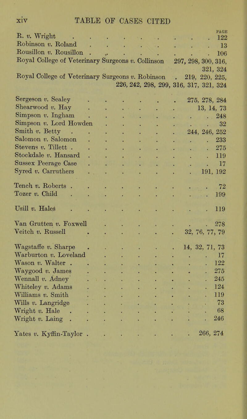 PACK R. V. Wright 122 Robinson v. Roland ........ 13 Rousillon V. Rousillon 106 Royal College of Veterinary Surgeons v. Collinson 297, 298, 300, 316, 321, 324 Royal College of Veterinary Surgeons v. Robinson . 219, 220, 225, 226, 242, 298, 299, 316, 317, 321, 324 Sergeson v. Sealey 276, 278, 284 Shearwood v. Hay . . . . . . 13, 14, 73 Simpson v. Ingham . . . . , . . , 248 Simpson v. Lord Howden 32 Smith V. Betty 244, 246, 252 Salomon v. Salomon ........ 233 Stevens v. Tillett 275 Stockdale v. Hansard . . . . . . . .119 Sussex Peerage Case . . . . . . . .17 Syred v. Carruthers . 191, 192 Tench v. Roberts . . . . . . . . .72 Tozer v. Child 199 Usill V. Hale^ 119 Van Grutten v. Foxwell 278 Veitch V. Russell 32, 76, 77j 79 Wagstaffe v. Sharpe 14, 32, 71, 73 War bur ton v. Loveland . . . . . . .17 Wason V. Walter 122 Waygood v. James . . . . . . , .275 Wennall v. Adney ........ 245 Whiteley v. Adams . . . . . . . .124 WiUiams v. Smith 119 Wills V. Langridge ........ 73 Wright V. Hale 68 Wright V. Laing ......... 246 Yates V. Kyffin-Taylor . . 266, 274