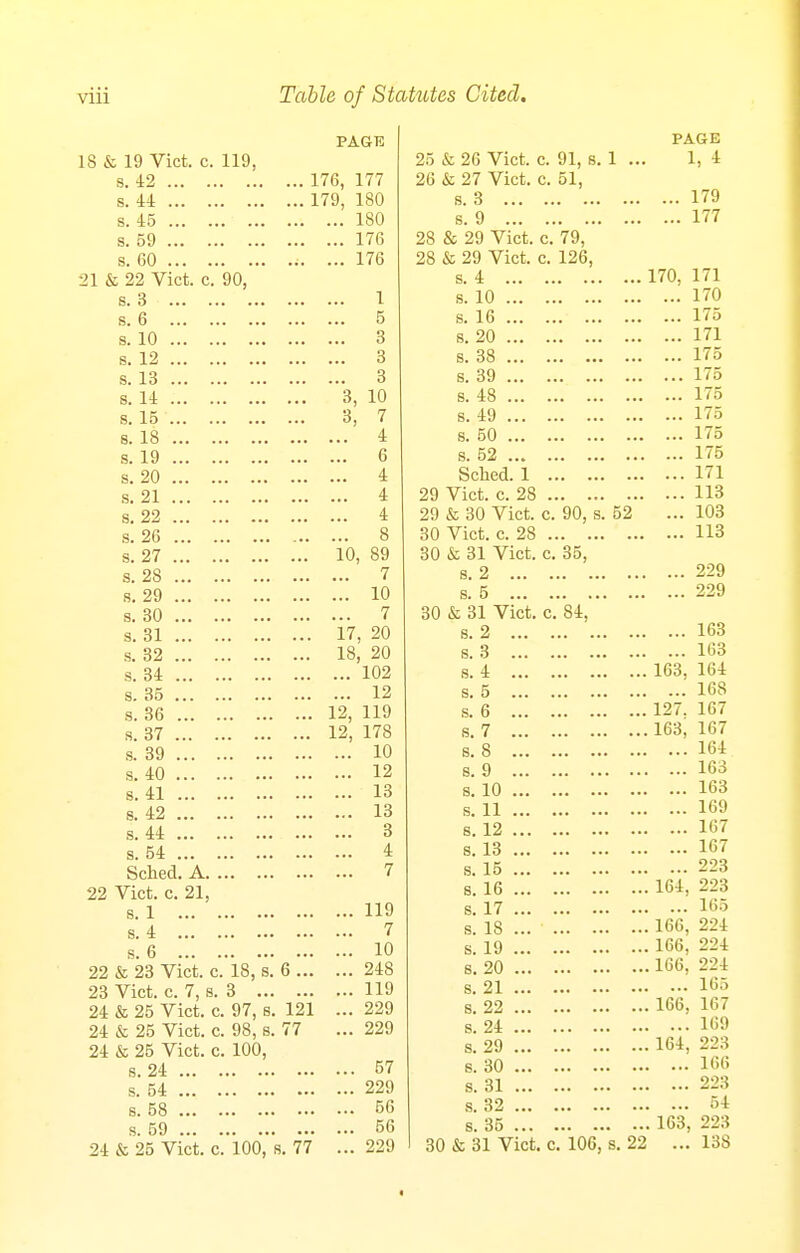 PAGE 18 & 19 Vict. c. 119, s. 42 1 7/* 1 HI ...I/O, 111 _ ,1 A s. 44 ... 1/y, loU s. 45 i on ioU s. 59 17o s. 60 i it* ... 17o & 22 Vict. C. 90, s. 3 i i s. 6 K 0 s. 10 o o s. 12 Q o s. 13 o s. 14 o, 1U s. 15 6, 7 8. 18 A s. 19 0 s. 20 A 4 s. 21 A 4 s. 22 A ± s. 26 Q o s. 27 i a on iu, by s. 28 rr / s. 29 1U s. 30 7 i 8. 31 17 OA li, s. 32 i q on lo, iSU ~ O A s. 34 i no s. 35 1 0 8. OO 10 1 1 Q s. 37 1/, l/o s. 39 IU s. 40 1 0 1Z 8. H ... ... -LtJ s. 42 13 s. 44 3 s. 54 4 Sched. A 7 ! Vict. c. 21, 8. 1 119 s. 4 7 s. 6 10 22 & 23 Vict. c. 18, s. 6 248 23 Vict. c. 7, s. 3 119 24 & 25 Vict. c. 97, s. 121 ... 229 24 & 25 Vict. c. 98, s. 77 ... 229 24 & 25 Vict. c. 100, 8.24 57 s. 54 229 8. 58 56 s. 59 56 24 & 25 Vict. c. 100, s. 77 ... 229 PAGE 25 & 26 Vict. c. 91, s. 1 ... 1, 4 26 & 27 Vict. c. 51, s.3 179 s. 9 177 28 & 29 Vict. c. 79, 28 & 29 Vict. c. 126, a A D. a . * • . • ... 170, 171 a in ... ... ... 170 s. lb □ on ... ... ... 171 a QQ S. oo ... ... ... 175 „ on s. oy ... 1 7n a AQ S. 'lo ... ... ± i 0 r. A n s. ... •* * 1 1 0 8. OU . *.. ••• ... 175 8. 01 . ... Sched. 1 .. ... 171 OA T7^ n OO 29 Vict. C 2i6 .. 113 OA t-r OA ~\Tln4- n Zv & oU V ICC. C. on cj yUj s. 52 ... 103 o(J V ICC. C. Zo .. 113 oU o£ ol V ICC. C. QK a O s. & . ... 229 8. 0 229 OU oC Ol V ICC. c. ft! 8. £ • ... 163 a Q 8. O • • ■■ 163 a A 8. i . ■■• ... 163, 164 S. 0 . ... 168 s. o • ..* ... 127. 167 8. 1 a Q 8. O . ■ • ...163, 167 164 a Q s. y . .. 163 8. 1U ... 163 8. 11 ... . .. 169 a TO 8. 1^ ... * ■ • 167 S. lo ... ■ 167 S. 10 ... . ■. 223 s. 16 ... 164, 223 s! 17! 165 s. 18 ... . ... 166, 224 s. 19 ... . . ... 166, 224 s. 20 ... . . ...166, 224 s. 21 ... . 165 s. 22 ... . ! ... 166 167 8. 24 ... . 169 s. 29 ... . ! ... 164 223 s. 30 ... - 166 s. 31 ... . 223 s. 32 ... . 54 s. 35 ... . ! 163 223 30 & 31 Vict. c. io6,' s. 22 .. 138