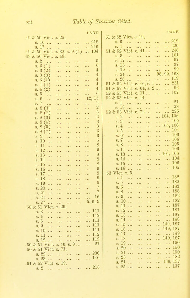 49 & 50 Vict. c. 25, s. 16 s. 17 49 & 50 Vict. c. 32, s. 49 & 50 Vict. c. 48, s. 2 s. 3 (1) s. 3 (2) s. 3 (3) s. 3 (4) (1) (2) 9(4) s s. (1) (2) (3) 4 4 5 (i 7 s. 8 s. 8 s. 8 s. 8 (4) s. 8 (5) s. 8 (7) s. 9 ... s. 10 ... 8. 11 ... s. 12 ... s. 13 ... s. 14 ... s. 15 ... s. 16 ... s. 17 ... s. 18 ... s. 19 ... s. 20 ... 8.21 ... a. 24 ... s 27 50 & 61 Vict, s. 3 ... 8. 4 ... . 6 ... 9 ... 10 ... s. 11 ... s. 12 ... 50 & 51 Vict. 50 & 51 Vict. s. 22 ... s. 23 ... 51 & 52 Vict. s. 2 ... PAGE .. 218 .. 216 ... 104 5 6 4 4 4 4 4 6 15 2 2 3 2 3 3 3 3 5 12 29, s. 8. 46,s. 71, c. 19, ... 9 ... 9 ... 9 ... 5 ... 7 ... 7 ... 16 5, 6, 9 ... Ill ... 112 ... Ill ... Ill ... Ill ... 112 ... 112 ... 27 „. 230 ... 140 ... 218 51 & 52 Vict. c. 19, s. 3 8. 4 51 & 52 Vict. c. 41... 8.3 8. 17 s. 18 8. 19 s. 24 .. s. 26 51 & 52 Vict. c. 46, s. 51 & 52 Vict. c. 64, s. 52 & 53 Vict. c. 11 ... 52 & 53 Vict. c. 44, 8. 1 s. 18 52 & 53 Vict. c. 72 ... 8. 2 . 8. 3 8. 4 8. 5 8.6 s. 7 8. 8 s. 11 ... 8. 13 8. 14 8. 15 s. 16 53 Vict. c. 5, s. 4 8. 5 8. 6 8. 8 8. 9 8. 10 8. 11 8. 12 8. 13 8. 14 8. 15 8. 16 s. 17 s. 18 s. 19 s. 20 8. 21 s. 23 s. 24 s. 25 PAGE 219 220 246 104 97 97 99 98, 99, 168 119 1 231 2 96 107 27 28 226 ... 104. 106 105 ... 105, 106 104 106 106 105 106 ... 104, 106 104 106 105 182 182 183 188 182 182 187 1S7 187 148 ... 149, 187 ... 149, 187 149 ... 149, 187 150 150 150 1S2 ... 136, 137 137