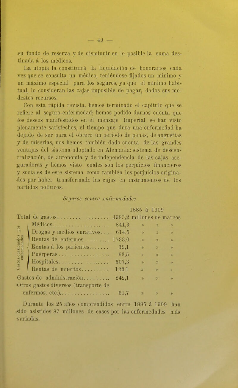 su fondo de reserva y de disminuir en lo posible la suma des- tinada á los médicos. La utopía la constituirá la liquidación de honorarios cada vez que se consulta un médico, teniéndose fijados un mínimo y un máximo especial para los seguros, ya que el mínimo habi- tual, lo consideran las cajas imposible de pagar, dados sus mo- destos recursos. Con esta rápida revista, hemos terminado el capítulo que se refiere al seguro-enfermedad; hemos podido darnos cuenta que los deseos manifestados en el mensaje Imperial se han visto plenamente satisfechos, el tiempo que dura una enfermedad ha dejado de ser para el obrero un período de penas, de angustias y de miserias, nos hemos también dado cuenta de las grandes ventajas del sistema adoptado en Alemania: sistema de descen- tralización, de autonomía y de independencia de las cajas ase- guradoras y hemos visto cuáles son los perjuicios financieros y sociales de este sistema como también los perjuicios origina- dos por haber transformado las cajas en instrumentos de los partidos políticos. Seguros contra enfermedades 1885 á 1909 Total de gastos 3983,2 millones de marcos I Médicos o l 841,3 » » » l Drogas y medios curativos.. . 614,5 » » » ■§1 I Rentas de enfermos 1733,0 » » » .2 2 / Rentas á los parientes 39,1 » » » §1 j Puérperas 63,5 » » » 507,3 » » » 122,1 » » » Gastos de administración 242,1 » » » Otros gastos diversos (transporte de enfermos, etc.) 61,7 » » » Durante los 25 años comprendidos entre 1885 á 1909 han :sido asistidos 87 millones de casos por las enfermedades más variadas.