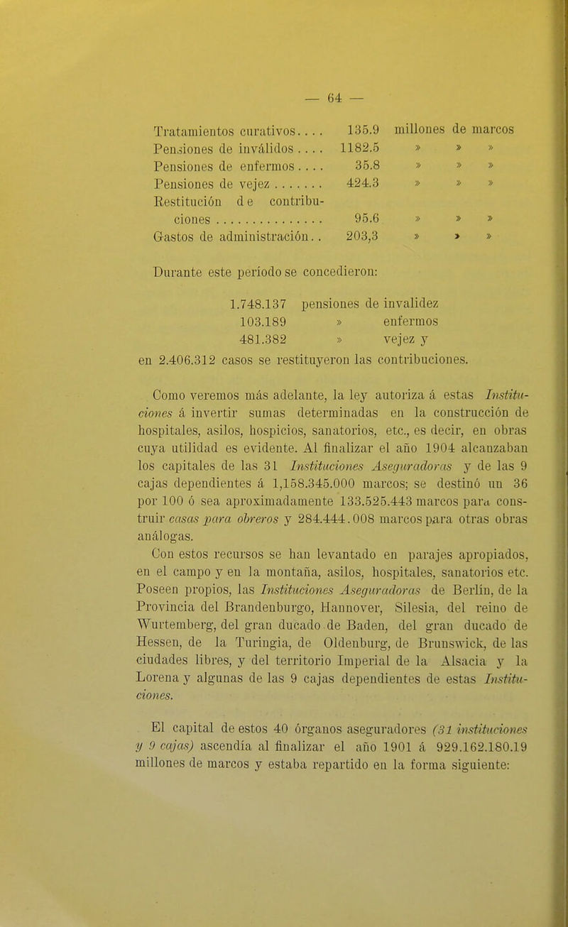 Tratamientos curativos.. . . Pensiones de inválidos .... Pensiones de enfermos.... Pensiones de vejez Restitución d e contribu- ciones Gastos de administración.. Durante este período se concedieron: 1.748.137 pensiones de invalidez 103.189 » enfermos 481.382 » vejez y en 2.406.312 casos se restituyeron las contribuciones. Como veremos más adelante, la ley autoriza á estas Institu- ciones á invertir sumas determinadas en la construcción de hospitales, asilos, hospicios, sanatorios, etc., es decir, en obras cuya utilidad es evidente. Al finalizar el año 1904 alcanzaban los capitales de las 31 Instituciones Aseguradoras y de las 9 cajas dependientes á 1,158.345.000 marcos; se destinó un 36 por 100 ó sea aproximadamente 133.525.443 marcos para cons- truir casas para obreros y 284.444.008 marcos para otras obras análogas. Con estos recursos se han levantado en parajes apropiados, en el campo y en la montaña, asilos, hospitales, sanatorios etc. Poseen propios, las Instituciones Aseguradoras de Berliu, de la Provincia del Brandenburgo, Haunover, Silesia, del reino de Wurtemberg, del gran ducado de Badén, del gran ducado de Hessen, de la Turingia, de Oldenburg, de Brunswick, de las ciudades libres, y del territorio Imperial de la Alsacia y la Lorena y algunas de las 9 cajas dependientes de estas Institu- ciones. El capital de estos 40 órganos aseguradores (31 instituciones y 9 cajas) ascendía al finalizar el año 1901 á 929.162.180.19 millones de marcos y estaba repartido en la forma siguiente: 135.9 millones de marcos 1182.5 » » » 36.8 » » » 424.3 » » » 95.6 » » » 203,3 » > »