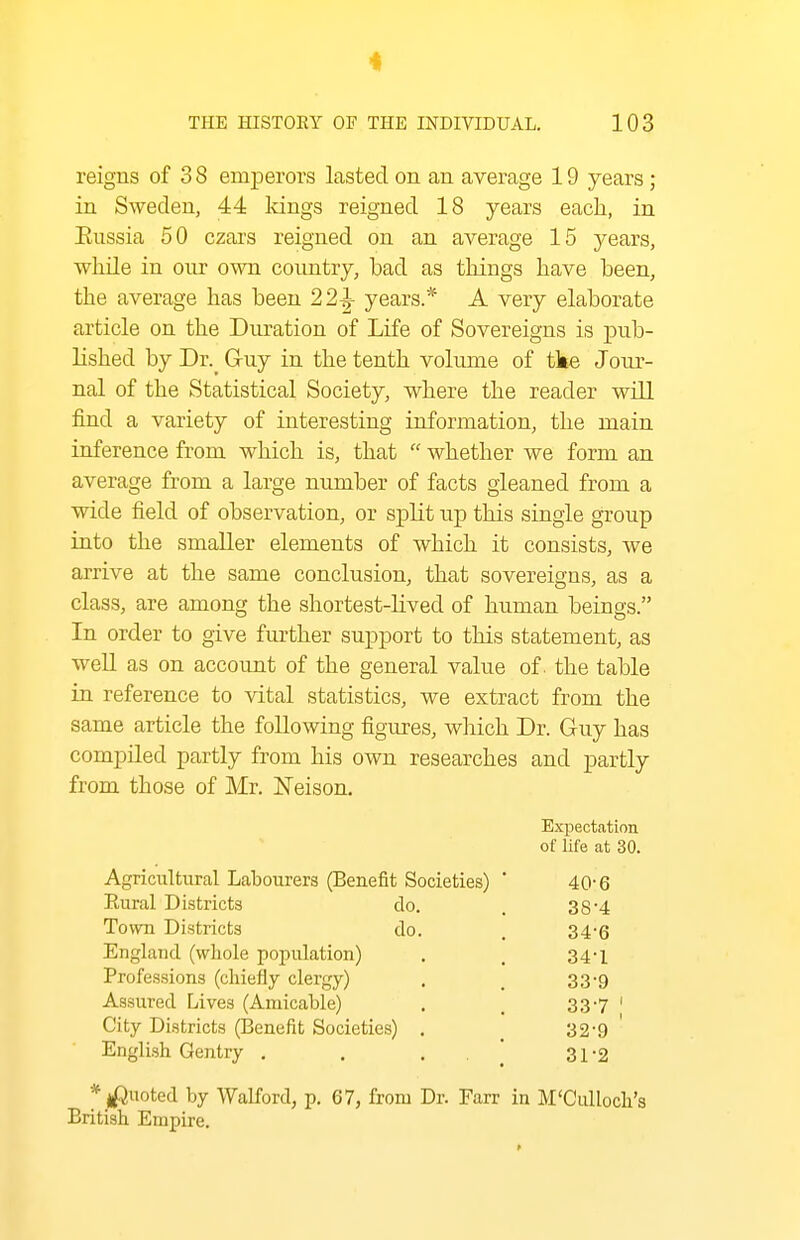 41 THE HISTORY OF THE INDIVIDUAL. 103 reigns of 38 emperors lasted on an average 19 years ; in Sweden, 44 kings reigned 18 years each, in Eussia 50 czars reigned on an average 15 j^ears, while in our own country, bad as tilings have been, the average has been 22^ years.* A very elaborate article on the Duration of Life of Sovereigns is pub- lished by Dr._ G-uy in the tenth volume of tke Jour- nal of the Statistical Society, where the reader will find a variety of interesting information, the main inference from which is, that  whether we form an average from a large number of facts gleaned from a wide field of observation, or split up this single group into the smaller elements of which it consists, we arrive at the same conclusion, that sovereigns, as a class, are among the shortest-lived of human beings. In order to give further support to this statement, as well as on account of the general value of. the table in reference to vital statistics, we extract from the same article the following figures, which Dr. Guy has compiled partly from his own researches and partly from those of Mr. Neison. Expectation of life at 30. Agricultural Labourers (Benefit Societies) ' 40-6 Eural Districts do. 38-4 Town Districts do. 34-6 England (whole population) Professions (chiefly clergy) 34-1 33-9 Assured Lives (Amicable) 33-7; City Districts (Benefit Societies) . 32-9 English Gentry . . , . ' 31-2 * j^uoted by Walford, p. 67, from Dr. Farr in M'CuUoch's British Empire.