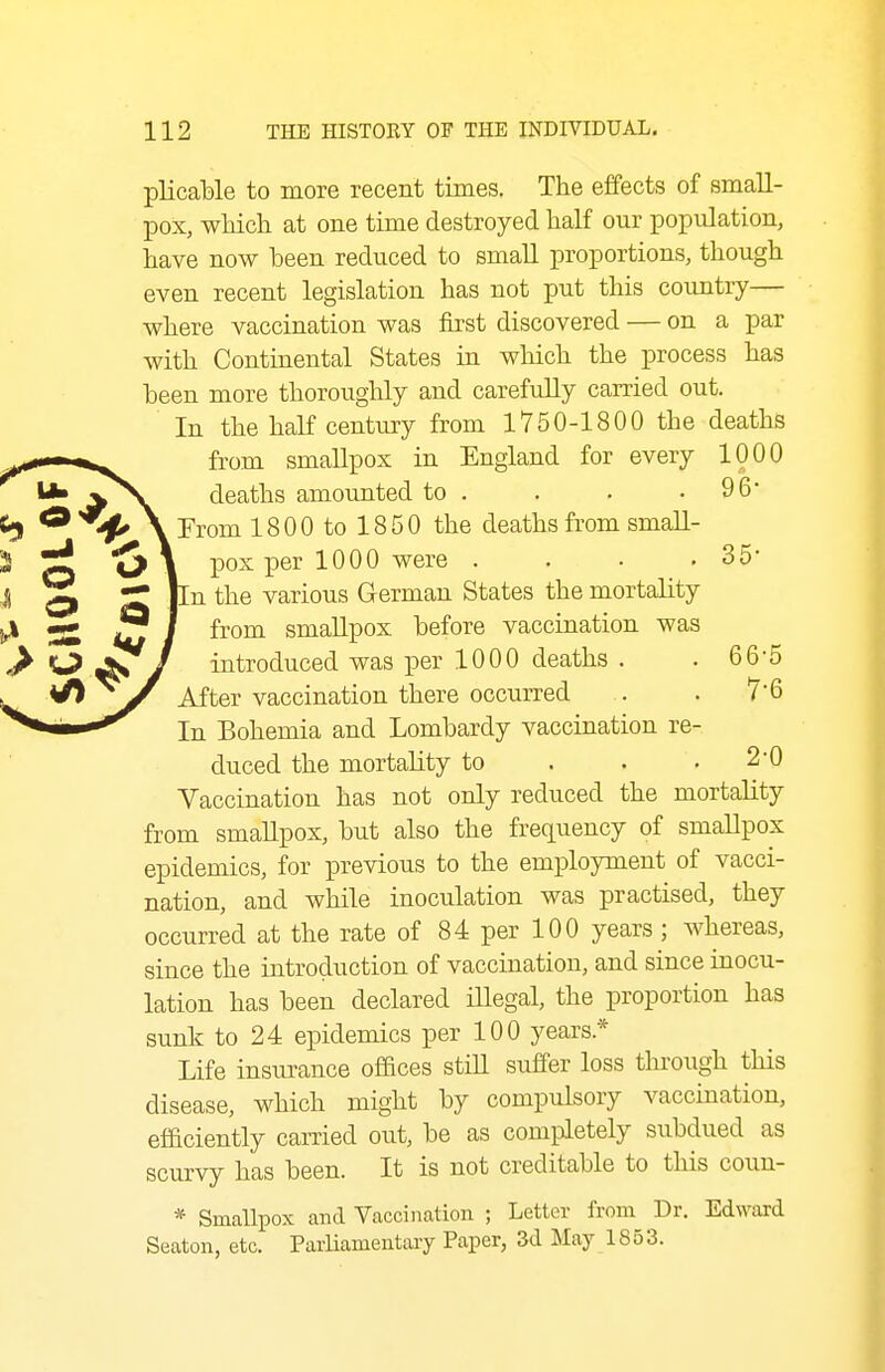 plicable to more recent times. The effects of small- pox, which at one time destroyed half our population, have now been reduced to small proportions, though even recent legislation has not put this coimtry— where vaccination was first discovered — on a par with Continental States in which the process has heen more thoroughly and carefully carried out. In the half century from 1750-1800 the deaths from smallpox in England for every 1000 deaths amounted to . . . . 96* From 1800 to 1850 the deaths from small- pox per 1000 were . . • ,35- In the various German States the mortality from smallpox before vaccination was introduced was per 1000 deaths . . 66-5 After vaccination there occurred . . 76 In Bohemia and Lombardy vaccination re- duced the mortality to . . ,2-0 Vaccination has not only reduced the mortality from smaUpox, but also the frequency of smallpox epidemics, for previous to the employment of vacci- nation, and while inoculation was practised, they occurred at the rate of 84 per 100 years; whereas, since the introduction of vaccination, and since inocu- lation has been declared illegal, the proportion has sunk to 24 epidemics per 100 years.* Life insm-ance ofaces still suffer loss tlirough this disease, which might by compulsory vaccination, efhciently carried out, be as completely subdued as scurvy has been. It is not creditable to this coun- * Smallpox and Vaccination ; Letter from Dr. Edward Seaton, etc. Parliamentaiy Paper, 3d May 1853.