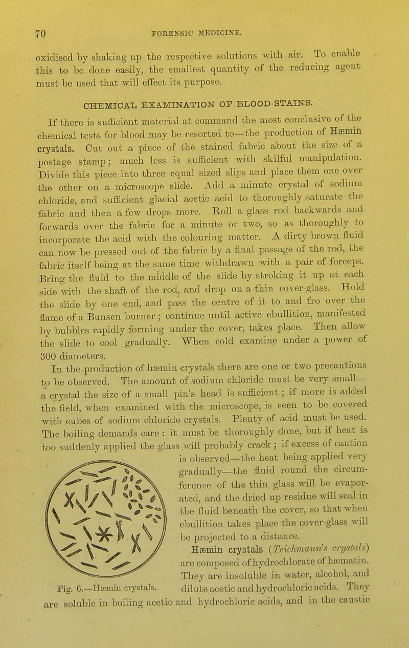 oxidised by shaking up the respective solutions with air. To enable this to be done easily, the smallest quantity of the reducing agent must be used that will effect its purpose. CHEMICAL EXAMINATION OE BLOOD-STAINS. If there is sufficient material at command the most conclusive of the chemical tests for blood may be resorted to—the production of Haemin crystals. Out out a piece of the stained fabric about the size of a postage stamp; much less is sufficient with skilful manipulation. Divide this piece into three equal sized slips and place them one over the other on a microscope slide. Add a minute crystal of sodium chloride, and sufficient glacial acetic acid to thoroughly saturate the fabric and then a few drops more. Roll a glass rod backwards and forwards over the fabric for a minute or two, so as thoroughly to incorporate the acid with the colouring matter. A dirty brown fluid can now be pressed out of the fabric by a final passage of the rod, the fabric itself being at the same time withdrawn with a pair of forceps. Bring the fluid to the middle of the slide by stroking it up at each side with the shaft of the rod, and drop on a thin cover-glass. Hold the slide by one end, and pass the centre of it to and fro over the flame of a Bunsen burner; continue until active ebullition, manifested by bubbles rapidly forming under the cover, takes place. Then allow the slide to cool gradually. When cold examine under a power of 300 diameters. In the production of hsemin crystals there are one or two precautions to be observed. The amount of sodium chloride must be very small— a crystal the size of a small pin's head is sufficient; if more is added the field, when examined with the microscope, is seen to be covered with cubes of sodium chloride crystals. Plenty of acid must be used. The boiling demands care : it must be thoroughly done, but if heat is too suddenly applied the glass .will probably crack ; if excess of caution is observed—the heat being applied very gradually—the fluid round the circum- ference of the thin glass will be evapor- ated, and the dried up residue will seal in the fluid beneath the cover, so that when ebullition takes place the cover-glass will be projected to a distance. H£emin crystals {Teichmann's crystals) are composed of hydrochlorate of hrematin. They are insoluble in water, alcohol, and Fig. 6.—Htemin crystals. dilute acetic and hydrochloric acids. They are soluble in boiling acetic and hydrochloric acids, and in the caustic