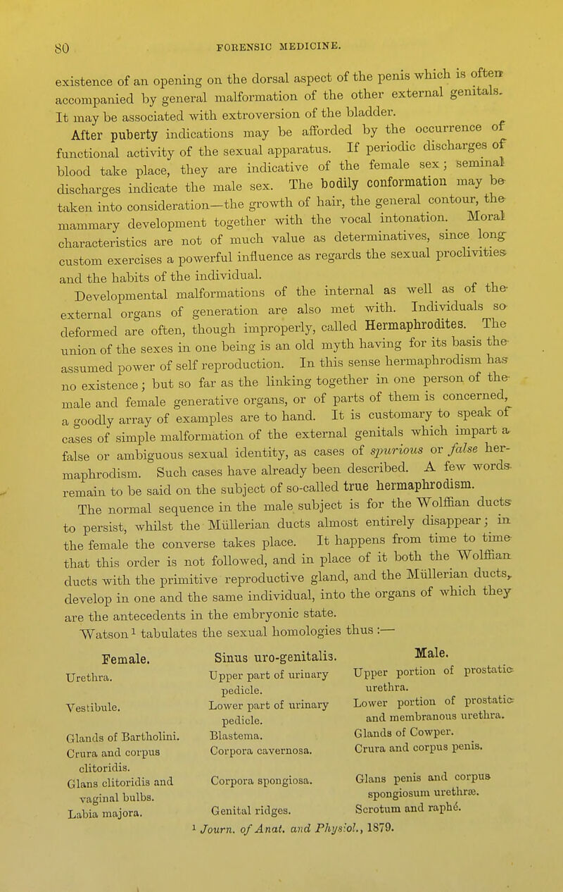 existence of an opening on the dorsal aspect of the penis which is ofteit accompanied by general malformation of the other external genitals. It may be associated with extroversion of the bladder. After puberty indications may be afforded by the occurrence of functional activity of the sexual apparatus. If periodic discharges of blood take place, they are indicative of the female sex; seminal discharges indicate the male sex. The bodily conformation may W taken into consideration-the growth of hair, the general contour the mammary development together with the vocal intonation. Moral characteristics are not of much value as determinatives, since lon^ custom exercises a powerful influence as regards the sexual proclivities and the habits of the individual. Developmental malformations of the internal as well as of th& external organs of generation are also met with. Individuals sa deformed are often, though improperly, called Hermaphrodites. The union of the sexes in one being is an old myth having for its basis the- assumed power of self reproduction. In this sense hermaphrodism has no existence; but so far as the linking together in one person of the- male and female generative organs, or of parts of them is concerned a goodly array of examples are to hand. It is customary to speak of cases of simple malformation of the external genitals which impart a false or ambiguous sexual identity, as cases of spitrious or false her- maphrodism. Such cases have already been described. A few words, remain to be said on the subject of so-called true hermaphrodism. The normal sequence in the male subject is for the Wolfl&an ducts to persist, whilst the MiiUerian ducts almost entirely disappear; m the female the converse takes place. It happens from time to tune that this order is not followed, and in place of it both the Wolffian ducts with the primitive reproductive gland, and the MiiUerian ducts, develop in one and the same individual, into the organs of which they are the antecedents in the embryonic state. Watson 1 tabulates the sexual homologies thus :— Female. Sinus uro-genitalis. Male. Urethra. Upper part of urinary Upper portion of prostatic pedicle. urethra. Vestibule. Lower part of urinary Lower portion of prostatic pedicle. and membranous urethra. Glands of Bartholini. Blastema. Glands of Cowper. ^ Crura and corpus Corpora cavernosa. Crura and corpus penis, clitoridis. Glans clitoridis and Corpora spongiosa. Glans penis and corpus vaginal bulbs. spongiosum urethraj. Labia majora. Genital ridges. Scrotum and raphd.
