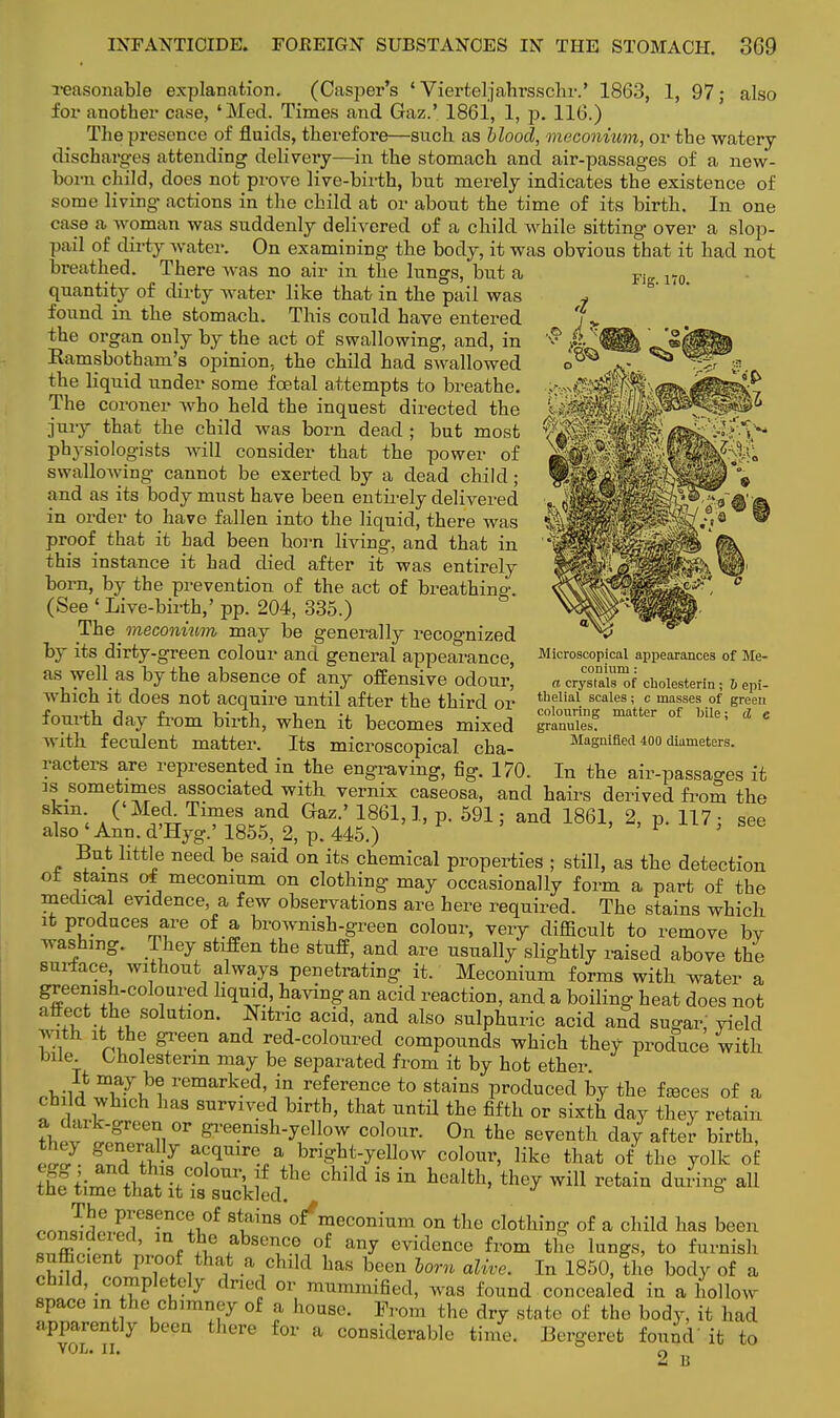 Fig. 170. reasonable explanation. (Casper's ' Vierteljahrsschr.' 1863, 1, 97; also for another case, 'Med. Times and Gaz.' 1861, 1, p. 116.) The presence of fluids, therefore—such as blood, meconium, or the watery discharges attending delivery—in the stomach and air-passages of a new- born child, does not prove live-birth, but merely indicates the existence of some living actions in the child at or aboiit the time of its birth. In one case a woman was suddenly delivered of a child while sitting over a slop- pail of dirty water. On examining the body, it was obvious that it had not breathed. There was no air in the Inngs, but a quantity of dirty water like that in the pail was found in the stomach. This could have entered the organ only by the act of swallowing, and, in Ramsbotham's opinion, the child had swallowed the liquid under some foetal attempts to breathe. The coroner who held the inquest directed the jury that the child was born dead; but most physiologists will consider that the power of swallowing cannot be exerted by a dead child; and as its body must have been entirely delivered in order to have fallen into the liquid, there was proof that it had been horn living, and that in this instance it had died after it was entirely born, by the prevention of the act of breathino- (See ' Live-birth,' pp. 204, 335.) The meconium may be generally recognized by its dirty-green colour and general appearance, as well as by the absence of any offensive odour, which it does not acquire until after the third or fourth day from birth, when it becomes mixed with feculent matter. Its microscopical, cha- racters are represented in the engraving, fig. 170. In the air-passages it is sometimes associated with vernix caseosa, and hairs derived from the skm. ('Med. Times and Gaz.' 1861,1, p. 591; and 1861, 2, p. 117- see also 'Ann. d'Hyg.' 1855, 2, p. 445.) ' ' P 5 But little need be said on its chemical properties ; still, as the detection ot stains of meconium on clothing may occasionally form a part of the medical evidence, a few observations are here required. The stains which it produces are of a brownish-green colour, very difficult to remove bV washing. They stiffen the stuff, and are usually slightly raised above the surface without always penetrating it. Meconium forms with water a greenish-coloured liquid, having an acid reaction, and a boiling heat does not affect the solution. Nitric acid, and also sulphuric acid and sugar, yield with it the green and red-coloured compounds which they produce with bile Onolesterm may be separated from it by hot ether n-hai T^? remarked> in reference to stains produced by the freces of a child which has survived birth, that until the fifth or sixth day they retain th v^Tli °r ^eemsh-yell.ow colour. On the seventh day after birth, MjS«^,^,Hke that o/the yolk of Microscopical appearances of Me- conium : a crystals of cholesterin; 6 epi- thelial scales; c masses of green colouring matter of bile; d e granules. Magnified 400 diameters. the i^ftlSSkfed^6 Child   health' 'th6y WiU r6tain dnrin* aU rnT,S,5e8^C<k0f 8tuinS of#ineCOnium on the Nothing of a child has been Sffllj * Ai? *abSeii°? °£ ^idence from the lungs, to furnish suffictent proof that a child has been born alive. In 1850, the body of a child, completely dned or mummified, was found concealed in a hollow space in the chimney of a house. Prom the dry state of the body, it had apparently been there Eor a considerable time. Bergerefc found'it to VOL* II. r\ 2 1!