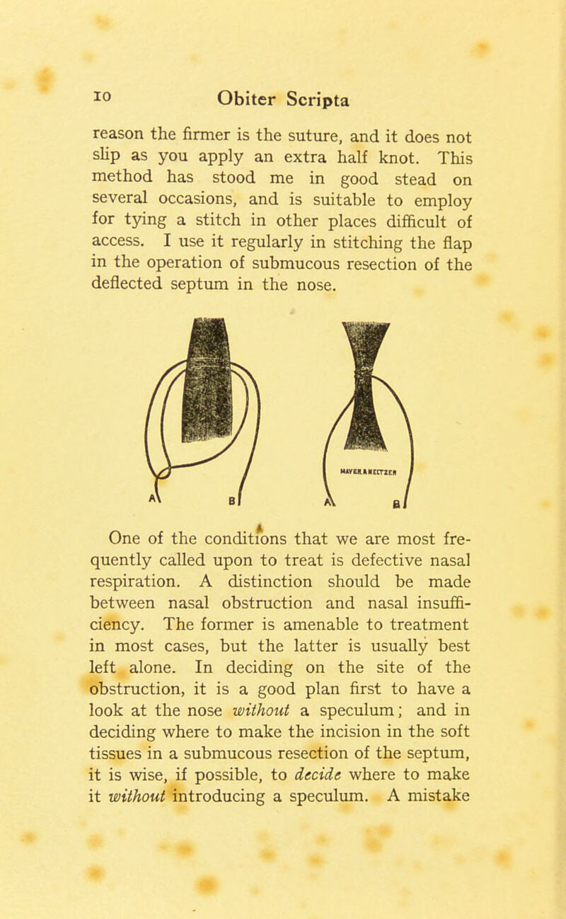 reason the firmer is the suture, and it does not slip as you apply an extra half knot. This method has stood me in good stead on several occasions, and is suitable to employ for tying a stitch in other places difficult of access, I use it regularly in stitching the flap in the operation of submucous resection of the deflected septum in the nose. One of the conditions that we are most fre- quently called upon to treat is defective nasal respiration. A distinction should be made between nasal obstruction and nasal insuffi- ciency. The former is amenable to treatment in most cases, but the latter is usually best left alone. In deciding on the site of the obstruction, it is a good plan first to have a look at the nose without a speculum; and in deciding where to make the incision in the soft tissues in a submucous resection of the septum, it is wise, if possible, to decide where to make it without introducing a speculiun. A mistake