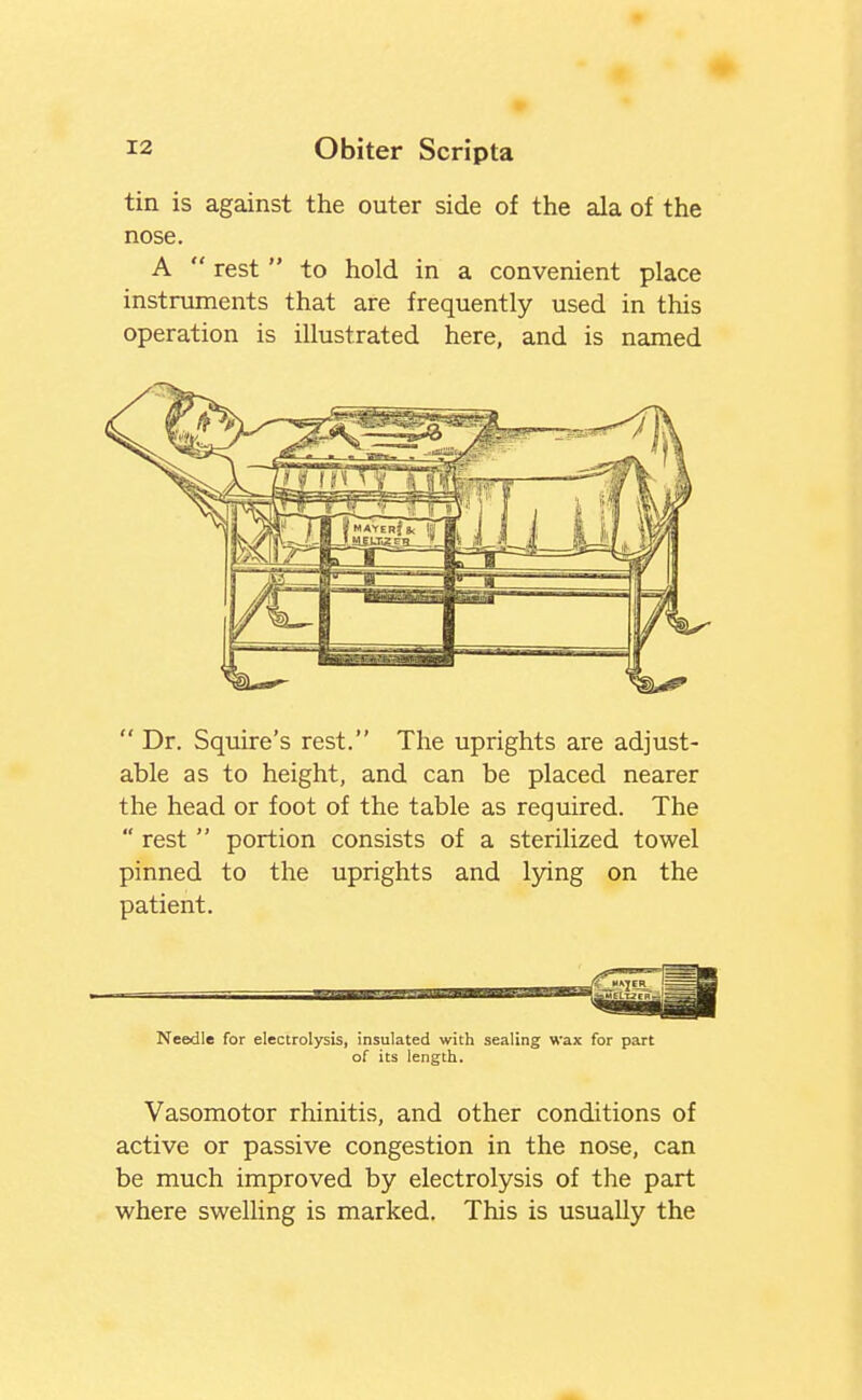 tin is against the outer side of the ala of the nose. A  rest  to hold in a convenient place instruments that are frequently used in this operation is illustrated here, and is named  Dr. Squire's rest. The uprights are adjust- able as to height, and can be placed nearer the head or foot of the table as required. The  rest  portion consists of a sterilized towel pinned to the uprights and lying on the patient. Needle for electrolysis, insulated with sealing wax for part of its length. Vasomotor rhinitis, and other conditions of active or passive congestion in the nose, can be much improved by electrolysis of the part where swelling is marked. This is usually the