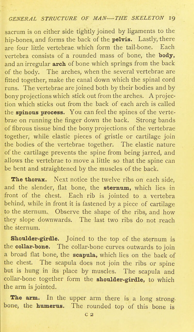 sacrum is on either side tightly joined by ligaments to the hip-bones, and forms the back of the pelvis. Lastly, there are four little vertebrae, which form the tail-bone. Each vertebra consists of a rounded mass of bone, the body, and an irregular arch of bone which springs from the back of the body. The arches, when the several vertebrae are fitted together, make the canal down which the spinal cord runs. The vertebrae are joined both by their bodies and by bony projections which stick out from the arches. A projec- tion which sticks out from the back of each arch is called the spinous process. You can feel the spines of the verte- brae on running the finger down the back. Strong bands of fibrous tissue bind the bony projections of the vertebrae together, while elastic pieces of gristle or cartilage join the bodies of the vertebrae together. The elastic nature of the cartilage prevents the spine from being jarred, and allows the vertebrae to move a little so that the spine can be bent and straightened by the muscles of the back. The thorax. Next notice the twelve ribs on each side, and the slender, flat bone, the sternum, which lies in front of the chest. Each rib is jointed to a vertebra behind, while in front it is fastened by a piece of cartilage to the sternum.. Observe the shape of the ribs, and how they slope downwards. The last two ribs do not reach the sternum. Shoulder-girdle. Joined to the top of the sternum is the collar-hone. The collar-bone curves outwards to join a broad flat bone, the scapula, which lies on the back of the chest. The scapula does not join the ribs or spine but is hung in its place by muscles. The scapula and collar-bone together form the shoulder-girdle, to which the arm is jointed. The arm. In the upper arm there is a long strong- bone, the humerus. The rounded top of this bone is c 2