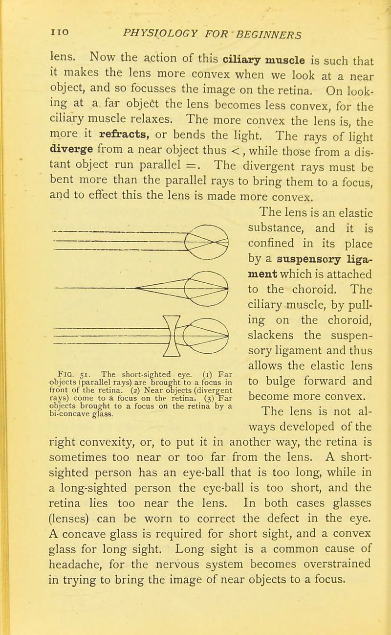lens. Now the action of this ciliary muscle is such that it makes the lens more convex when we look at a near object, and so focusses the image on the retina. On look- ing at a far object the lens becomes less convex, for the ciliary muscle relaxes. The more convex the lens is, the more it refracts, or bends the light. The rays of light diverge from a near object thus <, while those from a dis- tant object run parallel =. The divergent rays must be bent more than the parallel rays to bring them to a focus, and to effect this the lens is made more convex. The lens is an elastic substance, and it is confined in its place by a suspensory liga- ment which is attached to the choroid. The ciliary muscle, by pull- ing on the choroid, slackens the suspen- sory ligament and thus allows the elastic lens to bulge forward and become more convex. The lens is not al- ways developed of the right convexity, or, to put it in another way, the retina is sometimes too near or too far from the lens. A short- sighted person has an eye-ball that is too long, while in a long-sighted person the eye-ball is too short, and the retina lies too near the lens. In both cases glasses (lenses) can be worn to correct the defect in the eye. A concave glass is required for short sight, and a convex glass for long sight. Long sight is a common cause of headache, for the nervous system becomes overstrained in trying to bring the image of near objects to a focus. Fig. 51. The short-sighted eye. (i) Far objects (parallel rays) are brought to a focus in front of the retina. (2) Near objects (divergent rays) come to a focus on the retina. (3) Far objects brought to a focus on the retina by a bi-concave glass.