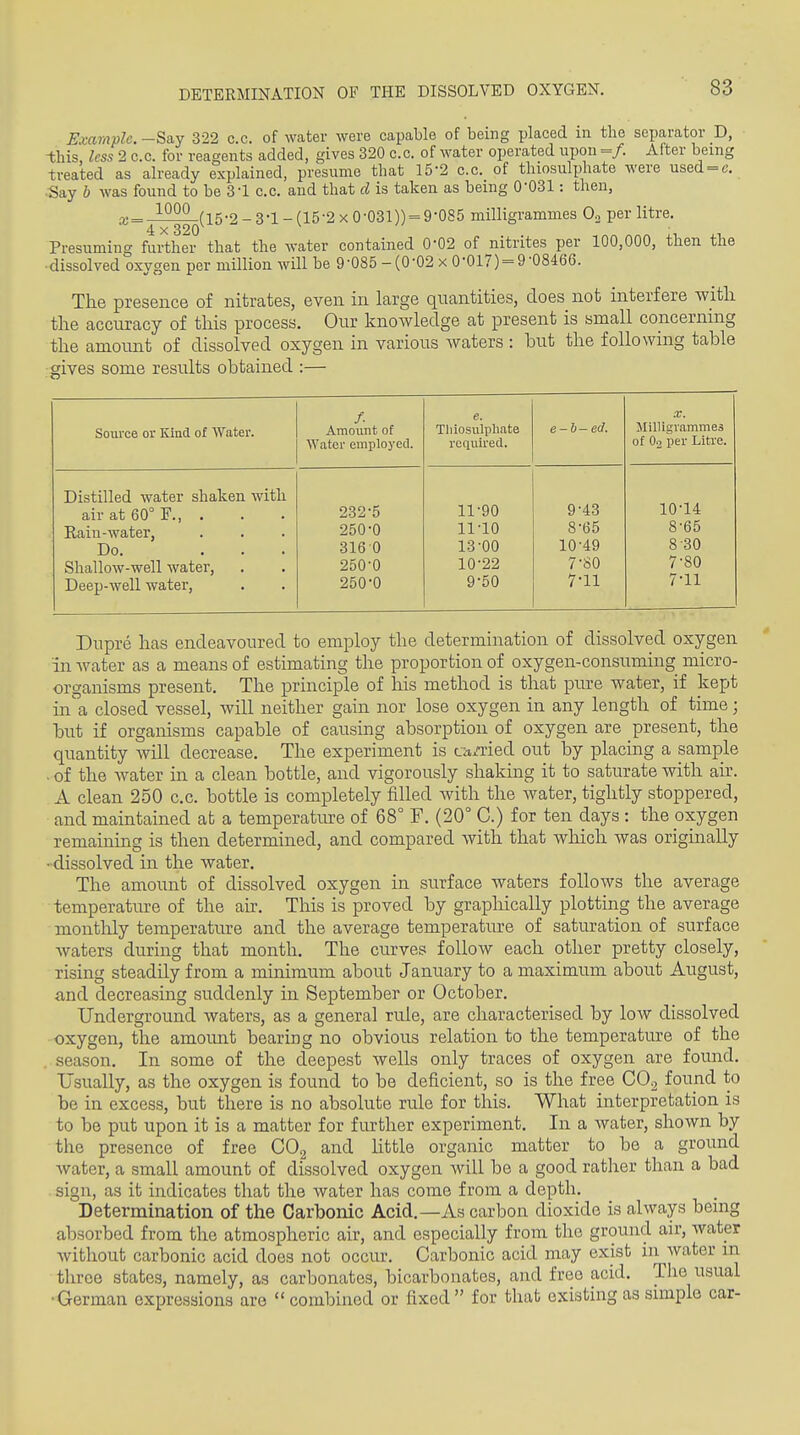 Emmph. -Say 322 c.c. of water were capable of being placed in the separator D, this, less 2 c.c. for reagents added, gives 320 c.c. of water operated upon =/. After being treated as already explained, presume that 15-2 c.c. of thiosulphate were used = e. ■Say b was found to be 3-1 c.c. and that d is taken as being 0-031: then, a; = J^2L(i5-2-3-1-(15-2 x0-031)) = 9-085 milligrammes Go per litre. 4 X 320 Presuming further that the water contained 0-02 of nitrites per 100,000, then the •dissolved oxygen per million will be 9-085 -(0-02 x 0-0l7) = 9-08466. The presence of nitrates, even in large quantities, does not interfere witli the accuracy of this process. Our knoAvledge at present is small concerning the amount of dissolved oxygen in various waters : hut the following table ■gives some results obtained :— Source or Kind of Water. /. Amount of Water employecl. e. Tliiosulpliate required. e-h-ed. .r. Milligrammes of O3 per Litre. Distilled water shaken with 10-14 air at 60° F., . 232-5 11-90 9-43 Rain-water, 250-0 11-10 8-65 8-65 Do. ... 316 0 13-00 10-49 8-30 Shallow-well water. 250-0 10-22 7-80 7-11 7-80 Deep-well water, 250-0 9-50 7-11 Dupre has endeavoured to employ the determination of dissolved oxygen in water as a means of estimating the proportion of oxygen-consuming micro- organisms present. The principle of his method is that pm-e water, if kept in'a closed vessel, will neither gain nor lose oxygen in any length of time; but if organisms capable of causing absorption of oxygen are present, the quantity will decrease. The experiment is cii/ried out by placing a sample . of the water in a clean bottle, and vigorously shaking it to saturate with air. A clean 250 c.c. bottle is completely filled with the water, tightly stoppered, and maintained at a temperature of 68° F. (20° C.) for ten days : the oxygen remaining is then determined, and compared with that which was originally • dissolved in the water. The amount of dissolved oxygen in surface waters follows the average temperature of the air. This is proved by graphically plotting the average monthly temperature and the average temperatxu-e of saturation of surface waters during that month. The curves foUoAV each other pretty closely, rising steadily from a minimum about January to a maximum about August, ■and decreasing suddenly in September or October. Underground waters, as a general rule, are characterised by low dissolved oxygen, the amount bearing no obvious relation to the temperature of the season. In some of the deepest wells only traces of oxygen are found. Usually, as the oxygen is found to be deficient, so is the free CO^ found to be in excess, but there is no absolute rule for this. What interpretation is to be put upon it is a matter for further experiment. In a water, shown by the presence of free CO2 and httle organic matter to be a ground water, a small amount of dissolved oxygen will be a good rather than a bad sign, as it indicates that the water has come from a depth. Determination of the Carbonic Acid.—-As carbon dioxide is always being absorbed from the atmospheric air, and especially from the ground air, water without carbonic acid does not occur. Carbonic acid may exist in Avater in three states, namely, as carbonates, bicarbonates, and free acid. The usual •German expressions are  combined or fixed for that existing as simple car-