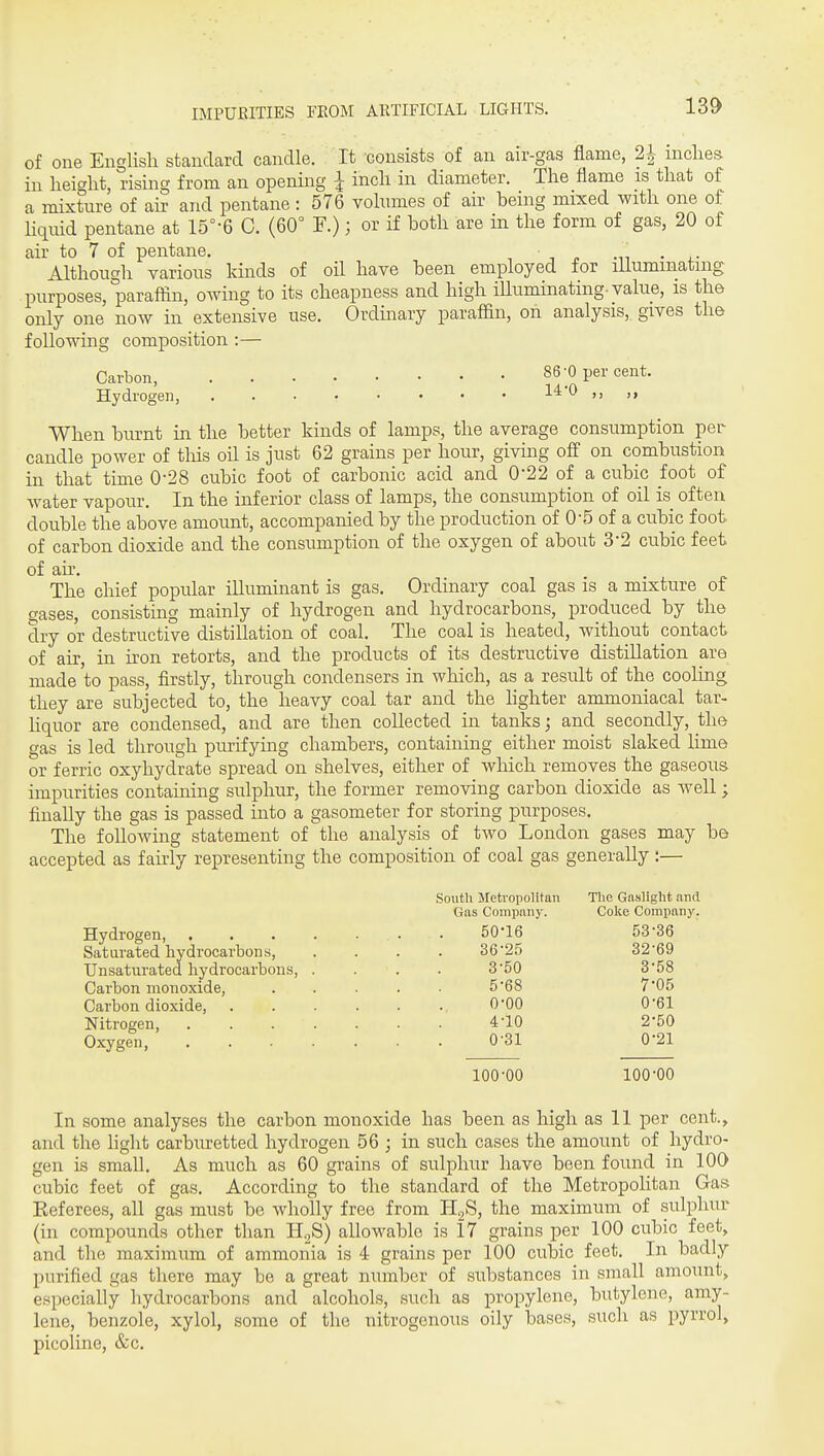 of one English standard candle. It consists of an air-gas flame, 2| niches in height, rising from an opening | inch in diameter. The flame is that of a mixture of air and pentane: 576 volumes of air being mixed with one of hquid pentane at 15°-6 C. (60° F.); or if both are in the form of gas, 20 of air to 7 of pentane. o -n • j.- Although various kinds of oil have been employed for illuminating purposes, paraflin, owing to its cheapness and high iUuminating-value, is the only one now in extensive use. Ordinary paraffin, on analysis, gives the following composition :— Carbon, 86-0 per cent. Hydrogen, 14:'0 ,, ,, When burnt in the better kinds of lamps, the average consumption per candle power of tliis oil is just 62 grains per hour, giving off on combustion in that time 0-28 cubic foot of carbonic acid and 0-22 of a cubic foot of water vapour. In the inferior class of lamps, the consumption of oil is often double the above amount, accompanied by the production of 0-5 of a cubic foot of carbon dioxide and the consumption of the oxygen of about 3-2 cubic feet of air. The chief popular illuminant is gas. Ordinary coal gas is a mixture of gases, consisting mainly of hydrogen and hydrocarbons, produced by the dry or destructive distillation of coal. The coal is heated, without contact of air, in iron retorts, and the products of its destructive distillation are made to pass, firstly, through condensers in which, as a result of the cooling they are subjected to, the heavy coal tar and the hghter ammoniacal tar- hquor are condensed, and are then collected in tanks; and secondly, the gas is led through purifying chambers, containing either moist slaked lime or ferric oxyhydrate spread on shelves, either of which removes the gaseous impurities containing sulphur, the former removing carbon dioxide as well; finally the gas is passed into a gasometer for storing purposes. The foUoAving statement of the analysis of two London gases may be accepted as fauiy representing the composition of coal gas generally:— South Meti-opolitan The Gaslight ancl. Gas Company. Coke Company. Hydrogen, . 50-16 53-36 Saturated hydrocarbons, Unsaturated hydrocarbons, Carbon monoxide, Carbon dioxide, Nitrogen, Oxygen, 36-25 32-69 3- 50 3-58 5-68 7-05 0-00 0-61 4- 10 2-50 0-31 0-21 100-00 100-00 In some analyses the carbon monoxide has been as high as 11 per cent., and the light carburetted hydrogen .56 ; in such cases the amount of hydro- gen is small. As much as 60 grains of sulphur have been found in 100 cubic feet of gas. According to the standard of the Metropohtan Gas Keferees, all gas must be wholly free from H2S, the maximum of sulphur (in compounds other than H.^S) allowable is 17 grains per 100 cubic feet, and the maximum of ammonia is 4 grains per 100 cubic feet. In badly purified gas there may be a great number of substances in small amount, especially hydrocarbons and alcohols, such as propylene, butylene, amy- lene, benzole, xylol, some of the nitrogenous oily bases, such as pyrrol, picoline, &c.