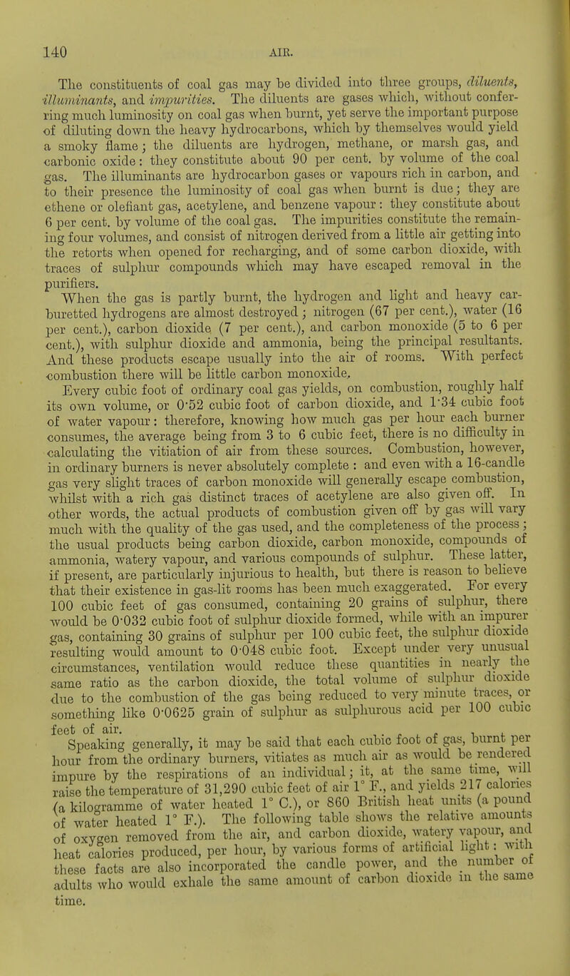 The constituents of coal gas may be divided into three groups, diluents, illuminants, and impurities. The diluents are gases wliich, Avithout confer- ring much luminosity on coal gas when burnt, yet serve the important purpose of diluting down the heavy hydrocarbons, which by themselves Avould yield a smoky flame; the diluents are hydrogen, methane, or marsh gas, and carbonic oxide: they constitute about 90 per cent, by volume of the coal gas. The illuminants are hydrocarbon gases or vapoiu's rich in carbon, and to their presence the luminosity of coal gas when burnt is due; they are ethene or olefiant gas, acetylene, and benzene vapour: they constitute about 6 per cent, by volume of the coal gas. The impurities constitute the remain- ing four volumes, and consist of nitrogen derived from a little air getting into the retorts when opened for recharging, and of some carbon dioxide, with traces of sulphur compounds which may have escaped removal in the purifiers. When the gas is partly burnt, the hydrogen and hght and heavy car- buretted hydrogens are almost destroyed; nitrogen (67 per cent.), water (16 per cent.), carbon dioxide (7 per cent.), and carbon monoxide (5 to 6 per cent.), with sulphur dioxide and ammonia, being the principal resultants. And these products escape usually into the air of rooms. With perfect combustion there will be little carbon monoxide. Every cubic foot of ordinary coal gas yields, on combustion, roughly half its own volume, or 0-52 cubic foot of carbon dioxide, and 1-34 cubic foot of water vapour: therefore, knowing how much gas per hour each burner consumes, the average being from 3 to 6 cubic feet, there is no difficulty in calculating the vitiation of air from these sources. Combustion, however, in ordinary burners is never absolutely complete : and even with a 16-candle gas very slight traces of carbon monoxide will generally escape combustion, Avhilst with a rich gas distinct traces of acetylene are also given ofi. In other words, the actual products of combustion given off by gas will vary much with the quahty of the gas used, and the completeness of the process; the usual products being carbon dioxide, carbon monoxide, compounds of ammonia, watery vapour, and various compounds of sulphur. These latter, if present, are particularly injurious to health, but there is reason to beheve that their existence in gas-lit rooms has been much exaggerated. For every 100 cubic feet of gas consumed, containing 20 grains of sulphur, there Avould be 0-032 cubic foot of sulphur dioxide formed, while with an impurer gas, contaming 30 grains of sulphur per 100 cubic feet, the sulphur dioxide resulting would amount to 0-048 cubic foot. Except under very unusual circumstances, ventilation would reduce these quantities m nearly the same ratio as the carbon dioxide, the total volume of sulphur dioxide due to the combustion of the gas being reduced to very minute traces, or somethuig hke 0-0625 grain of sulphur as sulphurous acid per 100 cubic feet of air. c ^ l Speaking generally, it may be said that each cubic foot of gas, burnt per hour from the ordinary burners, vitiates as much air as would be rendered impure by the respirations of an individual; it, at the same time, will raise the temperature of 31,290 cubic feet of air V E., and yields 217 calories /a kilogramme of water heated 1° C), or 860 British heat units (a pound of water heated V F.). The following table shows the relative amounts of oxygen removed from the air, and carbon dioxide, watery vapour, and heat' calories produced, per hour, by various forms of artificial light: with these facts are also incorporated the candle power, and ^^ff°J adults who would exhale the same amount of carbon dioxide m the same time.