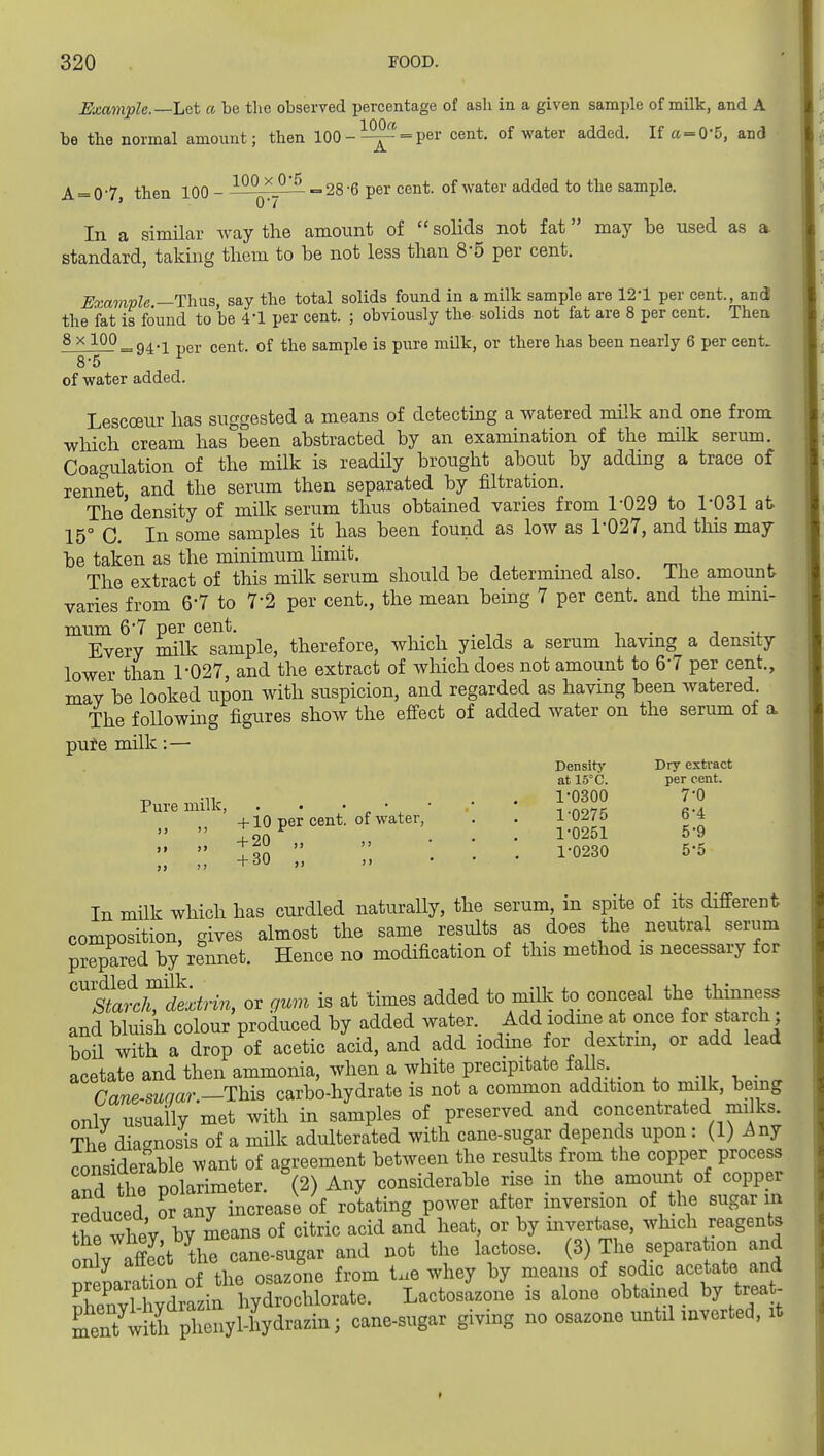 Hxample.—Let a be the observed percentage of ash in a given sample of milk, and A be the normal amount; then 100-^^ = per cent, of water added. If a = 0-5, and A = 0-7, then 100 - i^^^^^ =28-6 per cent, of water added to the sample. In a similar Avay the amount of  solids not fat may be used as a standard, taking tliem to be not less than 8-5 per cent. Example —Thus, say the total solids found in a milk sample are 12-1 per cent., and the fat is found to be 4-1 per cent. ; obviously the solids not fat are 8 per cent. Then 8xl00_g^.j^ j,gj^^_ Qf ^-j^g sami)le is pxire milk, or there has been nearly 6 per cent. 8-5 of water added. Lescoeur has suggested a means of detecting a watered milk and one from which cream has been abstracted by an examination of the milk serum. Coagulation of the milk is readily brought about by adding a trace of rennet, and the serum then separated by filtration. The density of milk serum thus obtained vanes from 1-029 to TOSl at 15° C. In some samples it has been found as low as 1-027, and this may be taken as the minhnum hmit. m The extract of this milk serum should be determmed also. The amount varies from 6*7 to 7-2 per cent., the mean being 7 per cent, and the mmi- mum 6-7 per cent. , . j •+ Every milk sample, therefore, which yields a serum having a density lower than 1'027, and the extract of which does not amount to 6-7 per cent., mav be looked upon with suspicion, and regarded as having been watered The following figures show the effect of added water on the serum of a pute milk:— Density Dry extract at 15° C. per cent. Pure milk, . . • • • .• * tc^rXr, +10 per cent, of water, . . i U^/o ;; +20 „ „ ... .. .. +30 „ ... 1-0300 7-0 6-4 1-0251 5-9 1-0230 5-5 In milk which has curdled naturally, the serum, in spite of its different composition, gives almost the same results as does the neutral serum prepared by rennet. Hence no modification of this method is necessary for ''^tofX^x^rm, or gum is at times added to milk to conceal the thinness and bluish colour produced by added water. Add lodme at once for starch; boil with a drop of acetic acid, and add iodine for dextrin, or add lead acetate and then ammonia, when a white precipitate falls Cane.sugar.-This carbo-hydrate is not a common addition to milk, bemg only usually met with in samples of preserved and concentrated milks. The diacrnosis of a milk adulterated with cane-sugar depends upon: (1) Any considerable ^vant of agreement between the results from the copper process ZTiL nolarimeter. (2) Any considerable rise m the amount of copper IhfwheV by means of citric acid and heat, or by invertase, which reagents onlv St the cane-sugar and not the lactose. (3) The separa ion and nrenaration of the osazone from t.e whey by means of sodic acetate and S3vThvdrazin hydrochlorate. Lactosazone is alone obtained by treat- tnt wK ^^^^-^^^^ giving no osazone until inverted, It