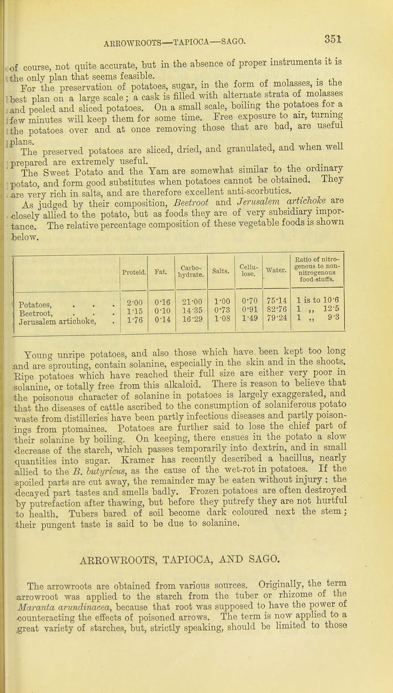 ARROWROOTS—TAPIOCA—SAGO. ,of course, not qxiite accurate, but in the absence of proper instruments it is 'the only plan that seems feasible. - , -4.1 For the preservation of potatoes, sugar, in the form of molasses, is the best plan on a large scale; a cask is filled with alternate strata of molasses and peeled and sHced potatoes. On a small scale, boiling the potatoes for a ifew mmutes will keep them for some time. Free exposure to air, turning ; the potatoes over and at once removing those that are bad, are usem ^^^The preserved potatoes are sHced, dried, and granulated, and when well prepared are extremely useful. The Sweet Potato and the Yam are somewhat similar to the ordinary potato, and form good substitutes when potatoes cannot be obtained. They are very rich in salts, and are therefore excellent anti-scorbutics. As judged by their composition, Beetroot and Jerusalem articliohe are closely alhed to the potato, but as foods they are of very subsidiary impor- tance. The relative percentage composition of these vegetable foods is shown below. Proteid. Fat. Cavljo- hydrate. Salts. Cellu- lose. Water. Ratio of nitro- genous to non- nitrogenous food-stuffs. Potatoes, Beetroot, Jerusalem articlioke, 2-00 1-15 1-76 0-16 0-10 0-14 21-00 14-35 16-29 1-00 0- 73 1- 08 0-70 0- 91 1- 49 75-14 82-76 79-24 1 is to 10-6 1 „ 12-5 1 „ 9-3 Young unripe potatoes, and also those which have been kept too long and are sprouting, contain solanine, especially in the skin and in the shoots. Eipe potatoes which have reached their full size are either very poor m solanine, or totally free from this alkaloid. There is reason to beHeve that the poisonous character of solanine in potatoes is largely exaggerated, and -that the diseases of cattle ascribed to the consumption of solaniferous potato Tvaste from distilleries have been partly infectious diseases and partly poison- ings from ptomaines. Potatoes are further said to lose the chief part of -their solanine by boihng. On keeping, there ensues in the potato a slow ■decrease of the starch, which passes temporarily into dextrin, and m small quantities into sugar. Kramer has recently described a bacillus, nearly aUied to the B. butyricus, as the cause of the wet-rot in potatoes. If the spoiled parts are cut away, the remainder may be eaten without injury : the ■decayed part tastes and smells badly. Frozen potatoes are often destroyed Toy putrefaction after thawing, but before they putrefy they are not hurtful ■to health. Tubers bared of soil become dark coloured next the stem; their pungent taste is said to be due to solanine. AKEOWKOOTS, TAPIOCA, AND SAGO. The arrowroots are obtained from various sources. Originally, the term arrowroot was apphed to the starch from the tuber or rhizome of the Maranta arundinacea, because that root was supposed to have the ppwer of -counteracting the effects of poisoned arrows. The term is now apphed to a ^reat variety of starches, but, strictly speaking, should be limited to those