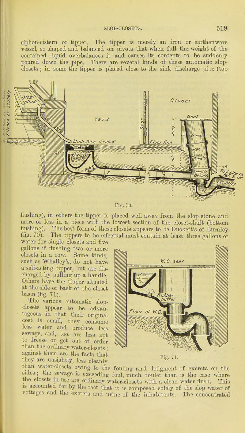 siphon-cistern or tipper. The tipper is merely an iron or earthenware vessel, so shaped and balanced on pivots that when full the weight of the contained Hqiiid overbalances it and causes its contents to be suddenly poured down the pipe. There are several kinds of these automatic slop- closets ; in some the tipper is placed close to the sink discharge pipe (top 9'fiero Fig. 70. flushing), in others the tipper is placed well away from the slop stone and more or less in a piece with the lowest section of the closet-shaft (bottom flushing). The best form of these closets appears to be Duckett's of Burnley (fig. 70). The tippers to be elfectual must contain at least three gallons of water for single closets and five gallons if flushing two or more closets in a row. Some kinds, such as Whalley's, do not have a self-acting tipper, but are dis- charged by pulhng up a handle. Others have the tipper situated at the side or back of the closet basin (fig. 71). The various automatic slop- closets appear to be advan- tageous in that their original cost is small, they consume less water and produce less sewage, and, too, are less apt to freeze or get out of order tlian the ordinary water-closets ; against them, are the facts that they are unsightly, less cleanly than water-closets owing to the sides; the sewage is exceedino Fig. 71. fouling foul. and lodgment of excreta on the much fouler than is the case where the closets m use are ordinary water-closets with a clean water flush. Tliis IS accounted for by the fact that it is composed solely of the slop water of cottages and the excreta and urine of the inhabitants. The concentrated I