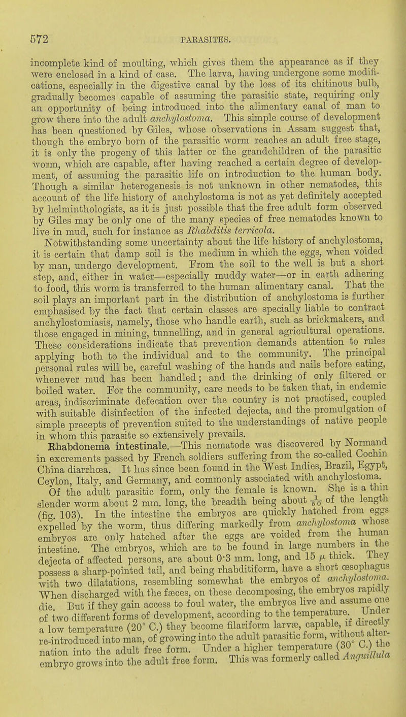incomplete kind of moulting, which gives them the appearance as if they were enclosed in a kind of case. The larva, having undergone some modifi- cations, especially in the digestive canal by the loss of its chitinous bulb, gradually becomes capable of assuming the parasitic state, requirmg only an opportunity of being introduced into the alimentary canal of man to grow there into the adult anchylostoma. This simple course of development has been questioned by Giles, whose observations in Assam suggest that, though the embryo born of the parasitic worm reaches an adult free stage, it is only the progeny of this latter or the grandchildren of the parasitic worm, which are capable, after having reached a certain degree of develop- ment, of assuming the parasitic life on introduction to the human body. Though a similar heterogenesis is not unknown in other nematodes, this account of the Hfe history of anchylostoma is not as yet definitely accepted by helminthologists, as it is just possible that the free adult form observed by Giles may be only one of the many species of free nematodes known to live in mud, such for instance as Rhahditis terricola. Notwithstanding some uncertainty about the life history of anchylostoma, it is certain that damp soil is the medium in wliich the eggs, when voided by man, undergo development. From the soil to the well is but a short step, and, either in water—especially muddy water—or in earth adhering to food, this worm is transferred to the human alimentary canal. That the soil plays an important part in the distribution of anchylostoma is further emphasised by the fact that certain classes are specially hable to contract anchylostomiasis, namely, those who handle earth, such as brickmakers,_and those engaged in mining, tunnelling, and in general agricultural operations. These considerations indicate that prevention demands attention to rules applying both to the individual and to the community. The principal personal rules will be, careful washing of the hands and nails before eating, whenever mud has been handled; and the drmking of only filtered or boiled water. Tor the community, care needs to be taken that, m endemic areas, indiscriminate defecation over the country is not practised, coupled with suitable disinfection of the infected dejecta, and the promulgation ot simple precepts of prevention suited to the_ understandings of native people in whom this parasite so extensively prevails. i i tvt ;i Rhabdonema intestinale.—This nematode was discovered by ^ormancl in excrements passed by French soldiers suffering from the so-called Cochin China diarrhoea. It has since been found in the AVest Indies, Brazil, Jigypt, Ceylon, Italy, and Germany, and commonly associated with anchylostoma. Of the adult parasitic form, only the female is known. She is a thin slender worm about 2 mm. long, the breadth being about of tiie length (ficr 103). In the intestine the embryos are quickly hatched from eggs expelled by the worm, thus differing markedly from a7ichylostoma -whose embryos are only hatched after the eggs are voided from the human intestine. The embryos, which are to be found in large numbers in the dejecta of affected persons, are about 0-3 mm. long, and 15 thick, ihey possess a sharp-pointed tail, and being rhabditiform, have a short oesophagus with two dilatations, resembling somewhat the embryos of anchylostowa. When discharged with the faeces, on these decomposing, the embryos rapidly die But if they gain access to foul water, the embryos live and assume one of two different forms of development, according to the temperature Under a low temperature (20° C.) they become filariform P^P^^^^V^^^^^^^^^^^^^^^^ re-introduied into man, of growing into the adult parasitic form, ^ tl^o^^t alt^^ nation into the adult free form, ^nder^a higher temperature (30 G.) t^^^^^ embryo grows into the adult free form. This was formerly called Angmllula