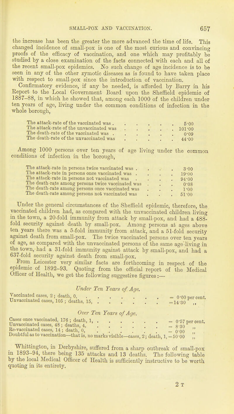 the increase has been the greater the more advanced the time of life. This changed incidence of small-pox is one of the most curious and convincing proofs of the efficacy of vaccination, and one which may profitably be studied by a close examination of the facts connected with each and all of the recent small-pox epidemics. Ko such change of age incidence is to be seen in any of the other zymotic diseases as is found to have taken place with respect to small-pox since the introduction of vaccination. Confirmatory evidence, if any be needed, is afi'orded by Barry in his Eeport to the Local Government Board upon the Sheffield epidemic of 1887-88, in which he showed that, among each 1000 of the children under ten years of age, HvLug under the common conditions of infection in the whole borough. The attack-rate of the vaccinated was 5-00 The attack-rate of the unvaccinated was 101*00 The death-rate of the vaccinated was ...... 0*09 The death-rate of the unvaccinated was 44-00 Among 1000 persons over ten years of age living under the common conditions of infection in the borough, The attack-rate in persons twice vaccinated was . , . . 3-00 The attack-rate in persons once vaccinated was . . . ,19-00 The attack-rate in persons not vaccinated was .... 94-00 The death-rate among persons twice vaccinated was . . . 0-08 The death-rate among persons once vaccinated was . . . l-QO The death-rate among persons not vaccinated was . . . 51-00 Under the general circumstances of the Sheffield epidemic, therefore, the vaccinated children had, as compared with the unvaccinated children living ia the town, a 20-fold immunity from attack by small-pox, and had a 488- fold security against death by small-pox. Among persons at ages above ten_ years there was a 5-fold immunity from attack, and a 51-fold security against death from small-pox. The twice vaccinated persons over ten years of age, as compared with the unvaccinated persons of the same age-living in the town, had a 31-fold immunity against attack by small-pox, and had a 637-fold seciu-ity against death from small-pox. From Leicester very similar facts are forthcoming in respect of the epidemic of 1892-93. Quoting from the official report of the Medical Officer of Health, we get the following suggestive figures:— Under Ten Years of Age. Vaccinated cases, 2; death, 0, = 0-00 per cent. Unvaccinated cases, 105 ; deaths, 15, =14-30 Over Ten Years of Age. Cases once vaccinated, 176 ; death, 1, = 0-57 per cent. Unvaccinated cases, 48; deaths, 4, ... =8-30 Re-vaccinated cases, 14; death, 0, . \ * ' * = q-OO  Doubtful as to vaccination—that is, no marks visible—cases, 2; death, 1, = 50 00  Whittington, in Derbyshire, suffered from a sharp outbreak of smaU-pox m 1893-94, there being 135 attacks and 13 deaths. The foUowing table by the local Medical Officer of Health is sufficiently instructive to be worth quoting in its entirety. 2 T