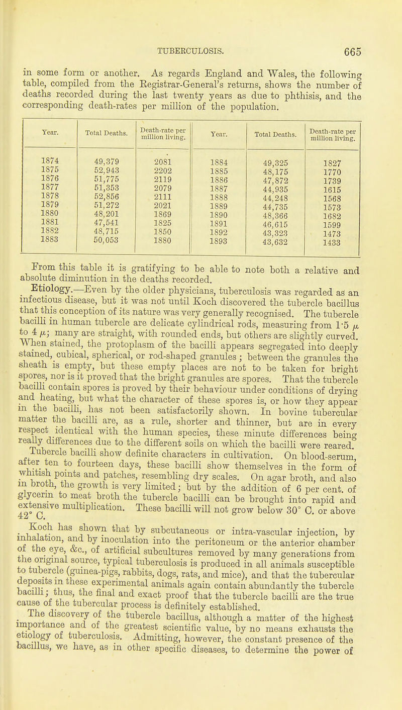 in some form or another. As regards England and Wales, the following table, compiled from the Eegistrar-General's returns, shows the number of deaths recorded during the last twenty years as due to phthisis, and the corresponding death-rates per million of the population. Tear. Total Deaths. Death-rate per niillion living. Year. 1874 49,379 2081 1884 1875 52,943 2202 1885 1876 51,775 51,353 2119 1886 1877 2079 1887 1878 52,856 2111 1888 1879 51,272 2021 1889 1880 48,201 1869 1890 1881 47,541 1825 1891 1882 48,715 1850 1892 1883 50,053 1880 1893 Total Deaths. 49,325 48,175 47,872 44,935 44,248 44,735 48,366 46,615 43,323 43,632 Death-rate per million living. 1827 1770 1739 1615 1568 1573 1682 1599 1473 1433 From this table it is gratifying to be able to note both a relative and absolute diminution in the deaths recorded. Etiology.—Even by the older physicians, tuberculosis was regarded as an infectious disease, but it was not until Koch discovered the tubercle bacillus that this conception of its nature was very generally recognised. The tubercle bacilli in human tubercle are delicate cylindrical rods, measuring from 1-5 /x, to 4 IX.; many are straight, with rounded ends, but others are slightly curved. MTien stained, the protoplasm of the bacilli appears segregated into deeply stained, cubical, spherical, or rod-shaped granules ; between the granules the sheath is empty, but these empty places are not to be taken for bright spores, nor is it proved that the bright granules are spores. That the tubercle bacilli contain spores is proved by their behaviour under conditions of drying and heating, but what the character of these spores is, or how they appear in the bacilh, has not been satisfactorily shown. In bovine tubercular matter the bacilH are, as a rule, shorter and thinner, but are in every respect identical with the human species, these minute differences being reaUy differences due to the different soUs on which the bacUli were reared. iubercle bacHH show definite characters in cultivation. On blood-serum alter ten to fourteen days, these bacilK show themselves in the form of whitish pomts and patches, resembling dry scales. On agar broth, and also in broth, the growth is very limited; but by the addition of 6 per cent, of giycerm to meat broth the tubercle bacUli can be brought into rapid and extensive multiplication. These bacilli will not grow below 30 C. or above _ Koch has shown that by subcutaneous or intra-vascular injection, by inhalation, and by inoculation into the peritoneum or the anterior chamber ot the eye &c., of artificial subcultures removed by many generations from the original source, typical tuberculosis is produced in all animals susceptible to tubercle (gmnea-pigs, rabbits, dogs, rats, and mice), and that the tubercular deposits m these experimental animals again contain abundantly the tubercle bacim; thus the final and exact proof that the tubercle bacilli are the true cause of the tubercular process is definitely estabUshed. _ The discovery of the tubercle bacillus, although a matter of the highest importance and of the greatest scientific value, by no means exhausts the etiology of tuberculosis. Admitting, however, the constant presence of the toacillus, we have, as in other specific diseases, to determine the power of