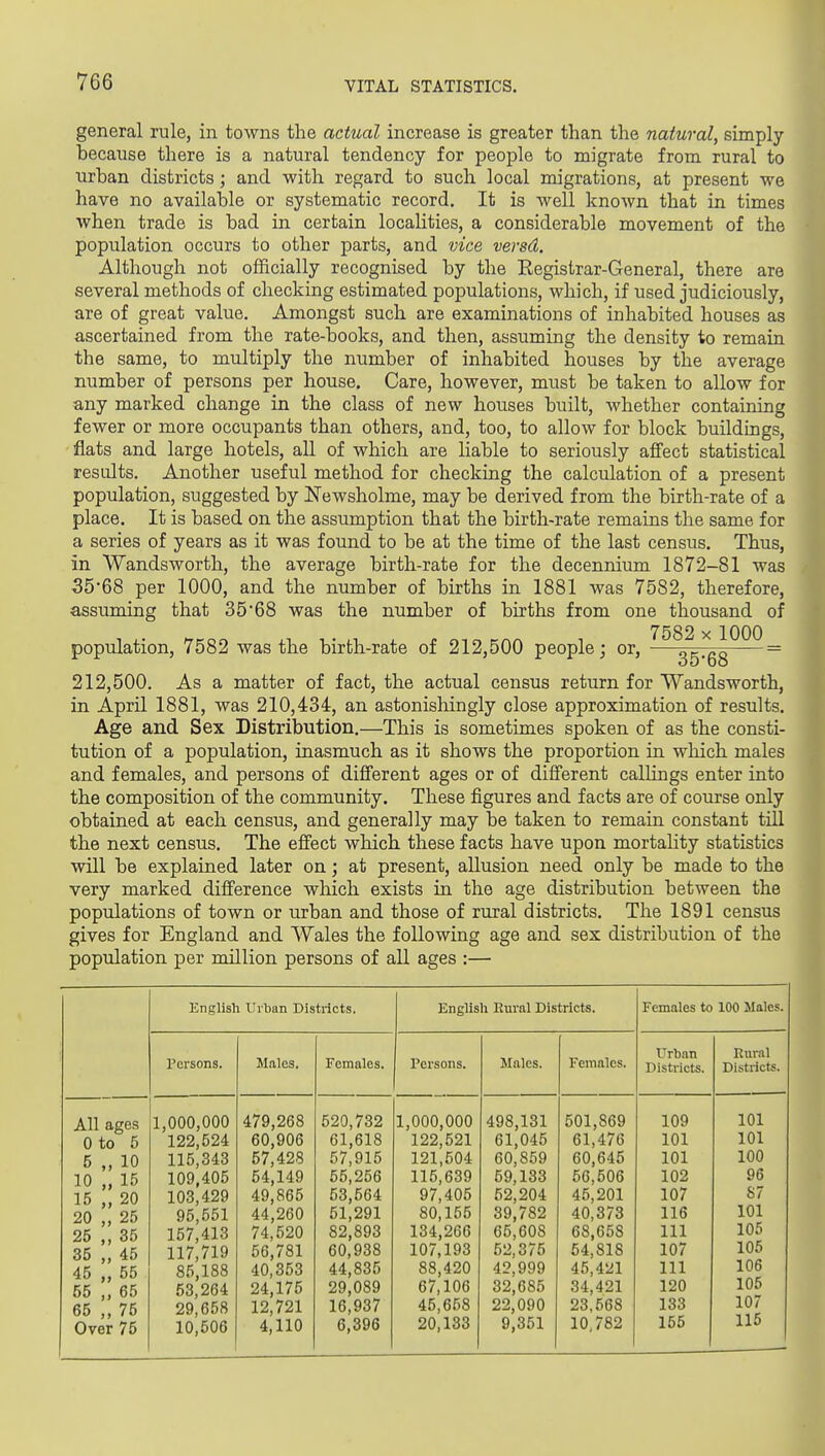 general rule, in towns the actual increase is greater than the natural, simply because there is a natural tendency for people to migrate from rural to urban districts; and with regard to such local migrations, at present we have no available or systematic record. It is well known that in times when trade is bad in certain localities, a considerable movement of the population occurs to other parts, and vice versa. Although not officially recognised by the Registrar-General, there are several methods of checking estimated populations, which, if used judiciously, are of great value. Amongst such are examinations of inhabited houses as ascertained from the rate-books, and then, assuming the density to remain the same, to multiply the number of inhabited houses by the average number of persons per house. Care, however, must be taken to allow for any marked change in the class of new houses built, whether containing fewer or more occupants than others, and, too, to allow for block buildings, flats and large hotels, all of which are liable to seriously affect statistical results. Another useful method for checking the calculation of a present population, suggested by Newsholme, may be derived from the birth-rate of a place. It is based on the assumption that the birth-rate remains the same for a series of years as it was found to be at the time of the last census. Thus, in Wandsworth, the average birth-rate for the decennium 1872-81 was 35*68 per 1000, and the number of births in 1881 was 7582, therefore, assuming that 35 68 was the number of births from one thousand of population, 7582 was the birth-rate of 212,500 people; or, — ~ 212,500. As a matter of fact, the actual census return for Wandsworth, in April 1881, was 210,434, an astonishingly close approximation of results. Age and Sex Distribution.—This is sometimes spoken of as the consti- tution of a population, inasmuch as it shows the proportion in which males and females, and persons of different ages or of different callings enter into the composition of the community. These figures and facts are of course only obtained at each census, and generally may be taken to remain constant till the next census. The effect which these facts have upon mortality statistics will be explained later on; at present, allusion need only be made to the very marked difference which exists in the age distribution between the populations of town or urban and those of rural districts. The 1891 census gives for England and Wales the following age and sex distribution of the population per million persons of all ages :— All ages Oto 5 5 10 10 15 20 25 35 45 55 65 15 20 25 35 45 55 65 75 Over 75 English Urban Districts. Persons. 1,000,000 122,524 115,343 109,405 103,429 95,551 157,413 117,719 85,188 53,264 29,658 10,506 Males. 479,268 60,906 57,428 54,149 49,865 44,260 74,520 56,781 40,353 24,175 12,721 4,110 Females. English Rural Districts. Persons. 520,732 61,618 57,915 55,256 53,564 51,291 82,893 60,938 44,835 29,089 16,937 6,396 1,000,000 122,521 121,504 115,639 97,405 80,155 134,266 107,193 88,420 67,106 45,658 20,133 Males. 498,131 61,045 60,859 59,133 52,204 39,782 65,608 52,375 42,999 32,685 22,090 9,351 Females. 501,869 61,476 60,645 56,506 45,201 40,373 68,658 54,818 45,421 34,421 23,568 10,782 Females to 100 Males. Urhnn Districts. 109 101 101 102 107 116 111 107 111 120 133 155 Rural Districts. 101 101 100 96 87 101 105 105 106 105 107 115