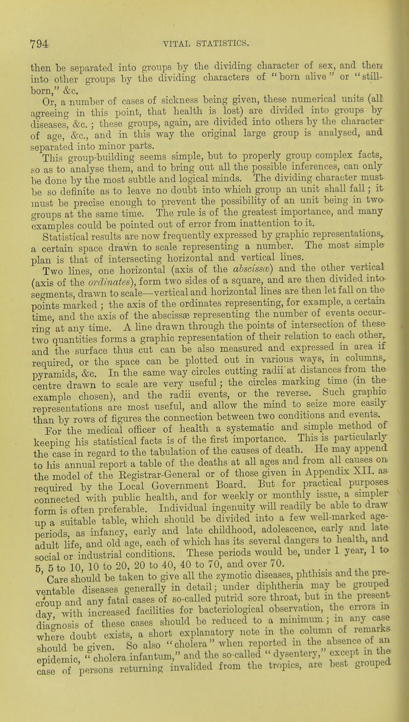 then he separated into groups by the dividing character of sex, and then into other gronps by the dividing characters of born ahve  or still- born, &c. • / 1, Or, a number of cases of sickness being given, these numerical units (all agreeing in this point, that health is lost) are divided into groups by diseases'^ &c.; these groups, agam, are divided into others by the character of age, &c., and in this way the original large group is analysed, and separated into minor parts. This group-building seems simple, but to properly group complex facts,, so as to analyse them, and to bring out all the possible inferences, can only be done by the most subtle and logical minds. The dividing cbaracter must be so definite as to leave no doubt into which group an unit shall f all; it- must be precise enough to prevent the possibihty of an unit being in two groups at the same time. The rule is of the greatest importance, and many examples could be pointed out of error from inattention to it. Statistical results are now frequently expressed by graphic representations,, a certain space drawn to scale representing a number. The most simple plan is that of intersecting horizontal and vertical lines. Two lines, one horizontal (axis of the abscissm) and the other vertical (axis of the ordinates), form two sides of a square, and are then divided into' segments, drawn to scale—vertical and horizontal Hues are then let fall on the points marked ; the axis of the ordinates representing, for example, a certam time, and the axis of the abscissae representing the number of events occur- ring'at any time. A line drawn through the points of intersection of these- two quantities forms a graphic representation of their relation to each other^ and the surface thus cut can be also measured and expressed m area if reqtiired, or the space can be plotted out in various ways, m columns, pyramids, &c. In the same way circles cuttmg radii'at distances from the centre drawn to scale are very useful; the circles markmg tmie (m the example chosen), and the radii events, or the reverse. Such graphie representations are most useful, and allow the mind to seize more easil:r than by rows of figures the connection between two conditions and events. For the medical officer of health a systematic and simple method of keeping his statistical facts is of the first importance. This is particularly the case in regard to the tabulation of the causes of death. He may append to his annual report a table of the deaths at aU ages and from all causes on the model of the Eegistrar-General or of those given m Appendix Xii. aa required by the Local Government Board. But for practical purposes connected with pubhc health, and for weekly or monthly issue, a simpler form is often preferable. Individual ingenuity will readily be able to draw UD a suitable table, which should be divided into a few well-marked age- neriods, as infancy, early and late childhood, adolescence, early and late adult life and old age, each of which has its several dangers to health, and social or industrial conditions. These periods would be, under 1 year, 1 to- 5 5 to 10, 10 to 20, 20 to 40, 40 to 70, and over 70. ' Care should be taken to give all the zymotic diseases, phthisis and the pre- ventable diseases generally in detail; under diphthena may be grouped Zi p and any fatal cases of so-called putrid sore throat, but in the present dav with increased facilities for bacteriological observation, the errors m diaanosis of these cases should be reduced to a minimum; m any case thfre doubt exists, a short explanatory note in the column of remaife loiid be given. So also cholera when reported m the absence of an Semic  clolera infantum, and the so-called  dysentery, except in the ca e S persons returning invalided from the tropics, are best grouped