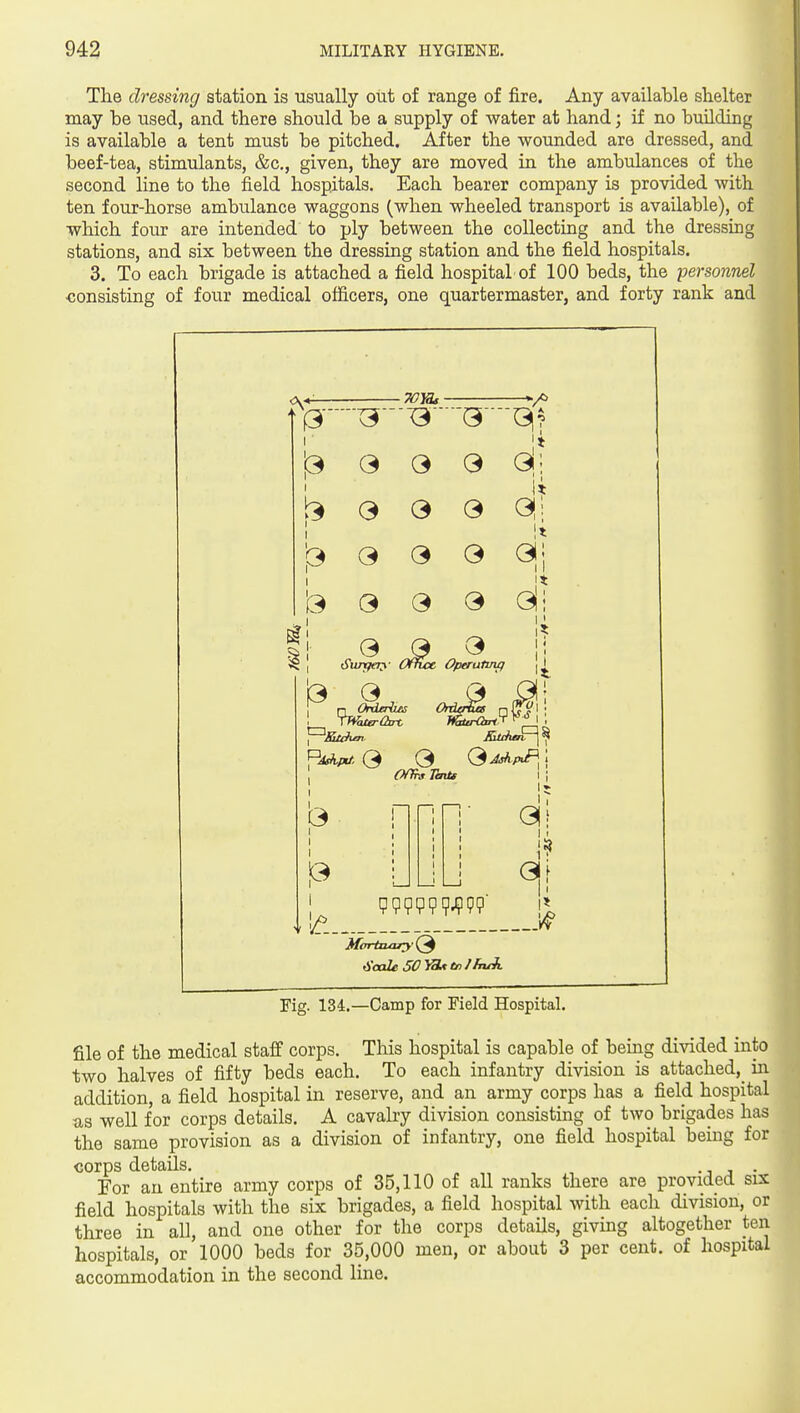 The dressing station is usually out of range of fire. Any available shelter may be used, and there should be a supply of water at hand; if no buUding is available a tent must be pitched. After the wounded are dressed, and beef-tea, stimulants, &c., given, they are moved in the ambulances of the second line to the field hospitals. Each bearer company is provided with ten four-horse ambulance waggons (when wheeled transport is available), of which four are intended to ply between the collecting and the dressing stations, and six between the dressing station and the field hospitals. 3. To each brigade is attached a field hospital of 100 beds, the personnel ■consisting of four medical officers, one quartermaster, and forty rank and 70}a. s 3 3 3 3 3 3 it di 3 3 3 b 3 3 3 3 3 3 Optrutmp li 1 < 1 3_, n Orderibts TWaterQsrt 1 I 3 <3m/»b, i OfRvTmJU I 1 0 I I* Fig. 134.—Camp for Field Hospital. file of the medical staff corps. This hospital is capable of being divided into two halves of fifty beds each. To each infantry division is attached, in addition, a field hospital in reserve, and an army corps has a field hospital as well for corps details. A cavalry division consisting of two brigades has the same provision as a division of infantry, one field hospital being for corps details. . For an entire army corps of 35,110 of all ranks there are provided six field hospitals with the six brigades, a field hospital with each division, or three in all, and one other for the corps details, giving altogether ten hospitals, or 1000 beds for 35,000 men, or about 3 per cent, of hospital accommodation in the second line.